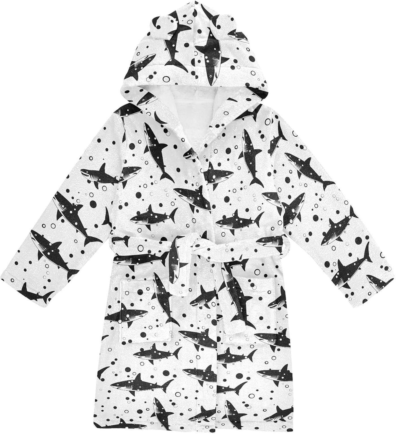 senya Shark on Black Toddler Hooded Bathrobe Kids Soft Plush Bath Towel Robes for Boys Girls 2-12 Years