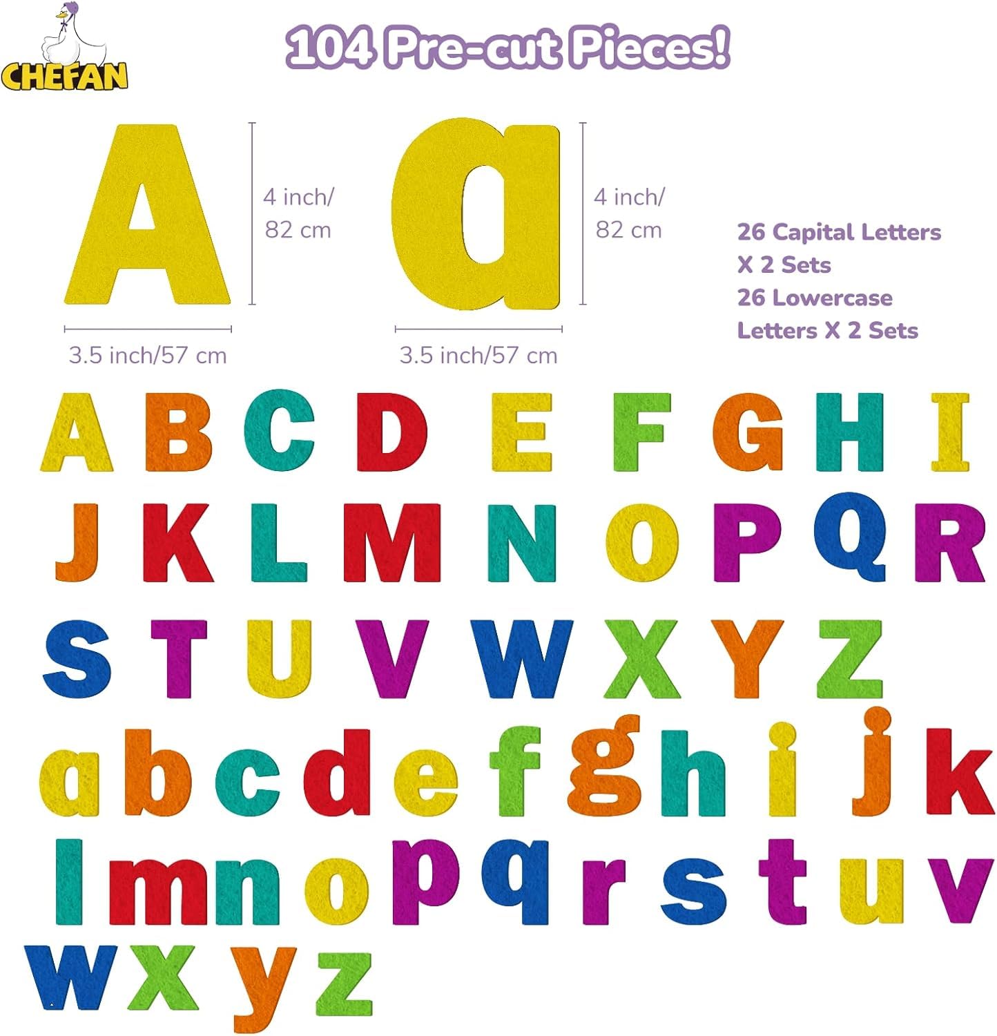 CHEFAN Felt Letters Alphabet for Kids, Precut Story Pieces, 104 ABC Upper & Lowercase Letters for Preschool & Homeschool Learning(2 Sets of Upper&Lowercase Letters)