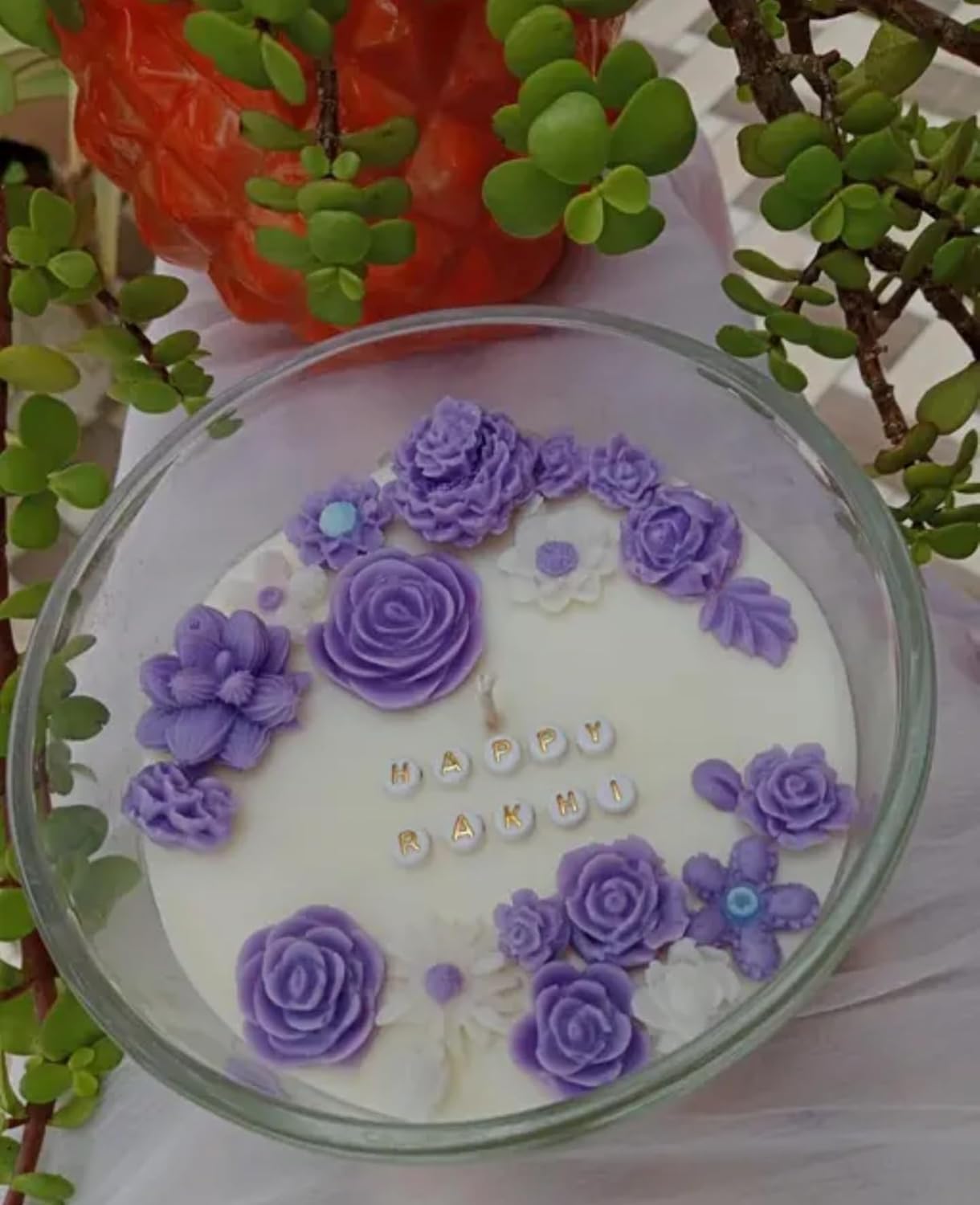 Elegant Round Birthday Cake with Purple Rose Decorations, White Fondant, Glass Display Plate