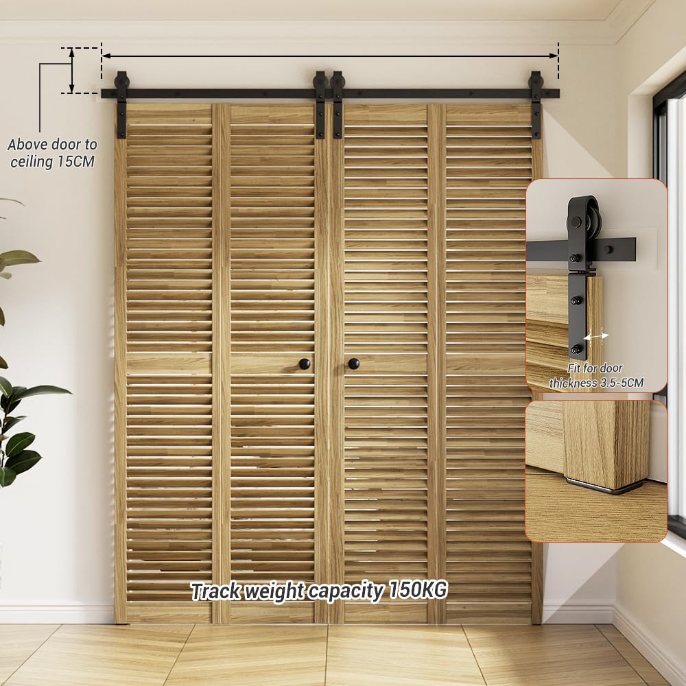 WOLFBIRD 150CM/5FT Bi-Folding Sliding Barn Door Hardware,Quietly Simple and Easy to Install for 4 Doors Hardware Kit - Image 3