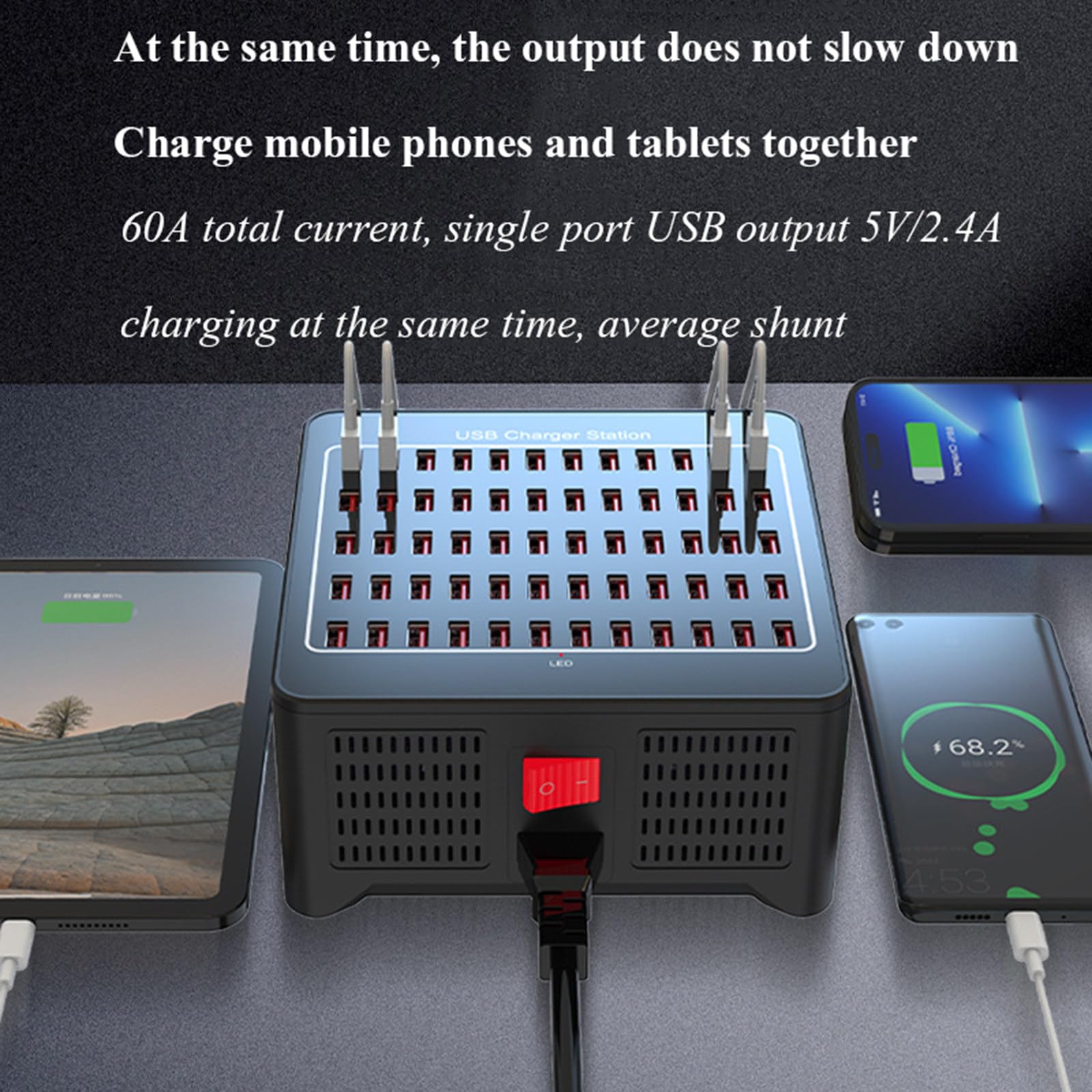 Caricatore USB, stazione di ricarica USB da 60 porte da 300 W, identificazione di ricarica intelligente, protezioni multiple per smartphone e tablet