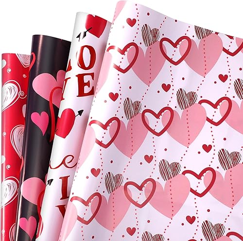 NQEUEPN 12 piezas de papel de regalo para el día de San Valentín de 19.69 x 27.56 pulgadas, 4 estilos de papel de regalo de corazón rojo y rosa,