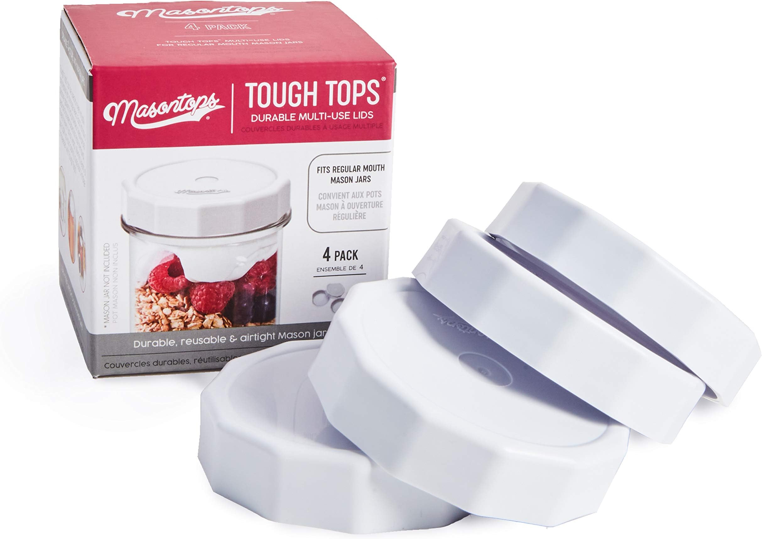 Masontops Tough Tops - Regular Mouth Mason Jar Lid - White - BPA-Free Plastic Screw Caps - Durable Reusable Jar Covers