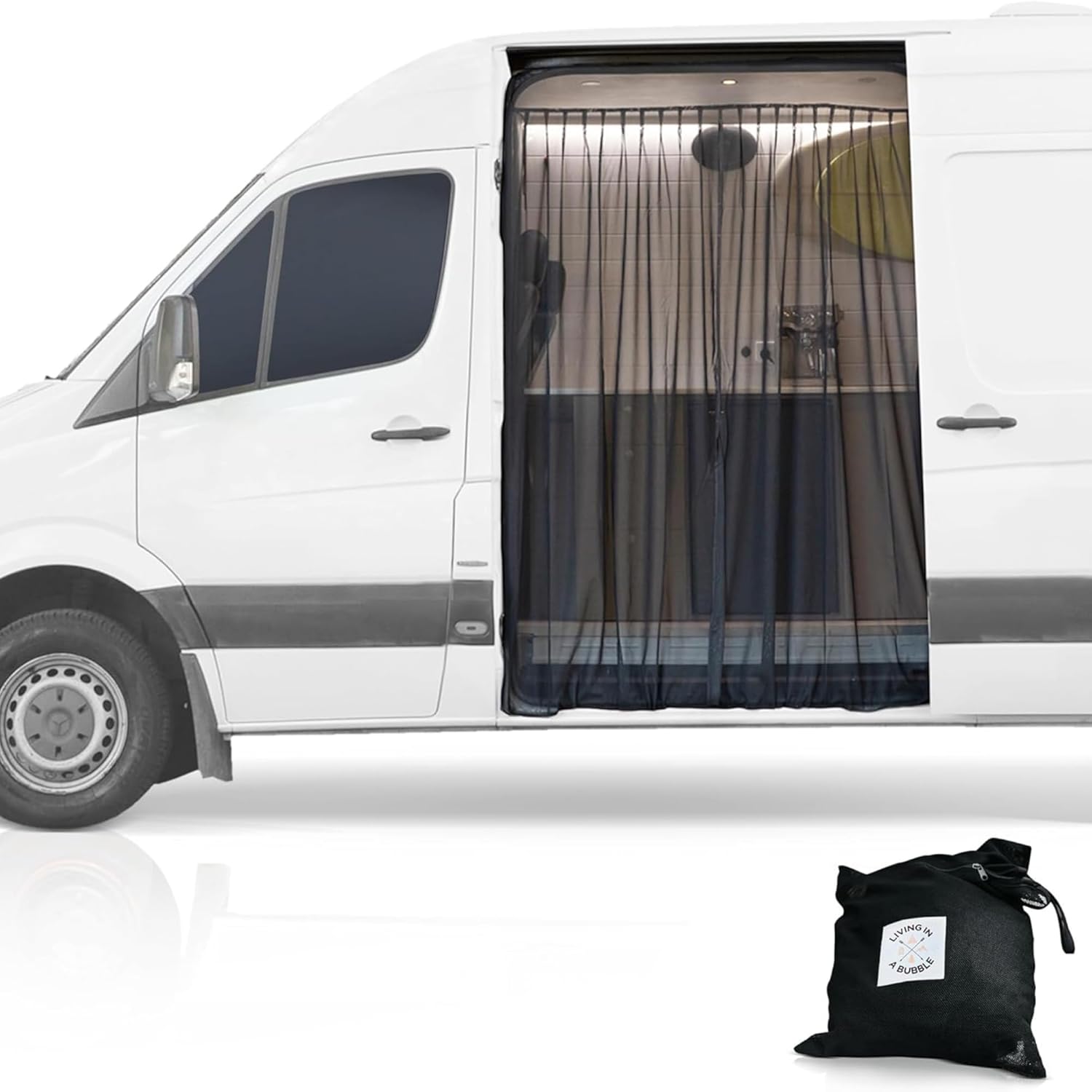 Living in a Bubble Van Bug Screen for Mercedes-Benz Sprinter Mid/High Roof and Other Campervans, Universal Size Sliding Door Flyscreen Mosquito Net, Center Magnetic Closure (Large)