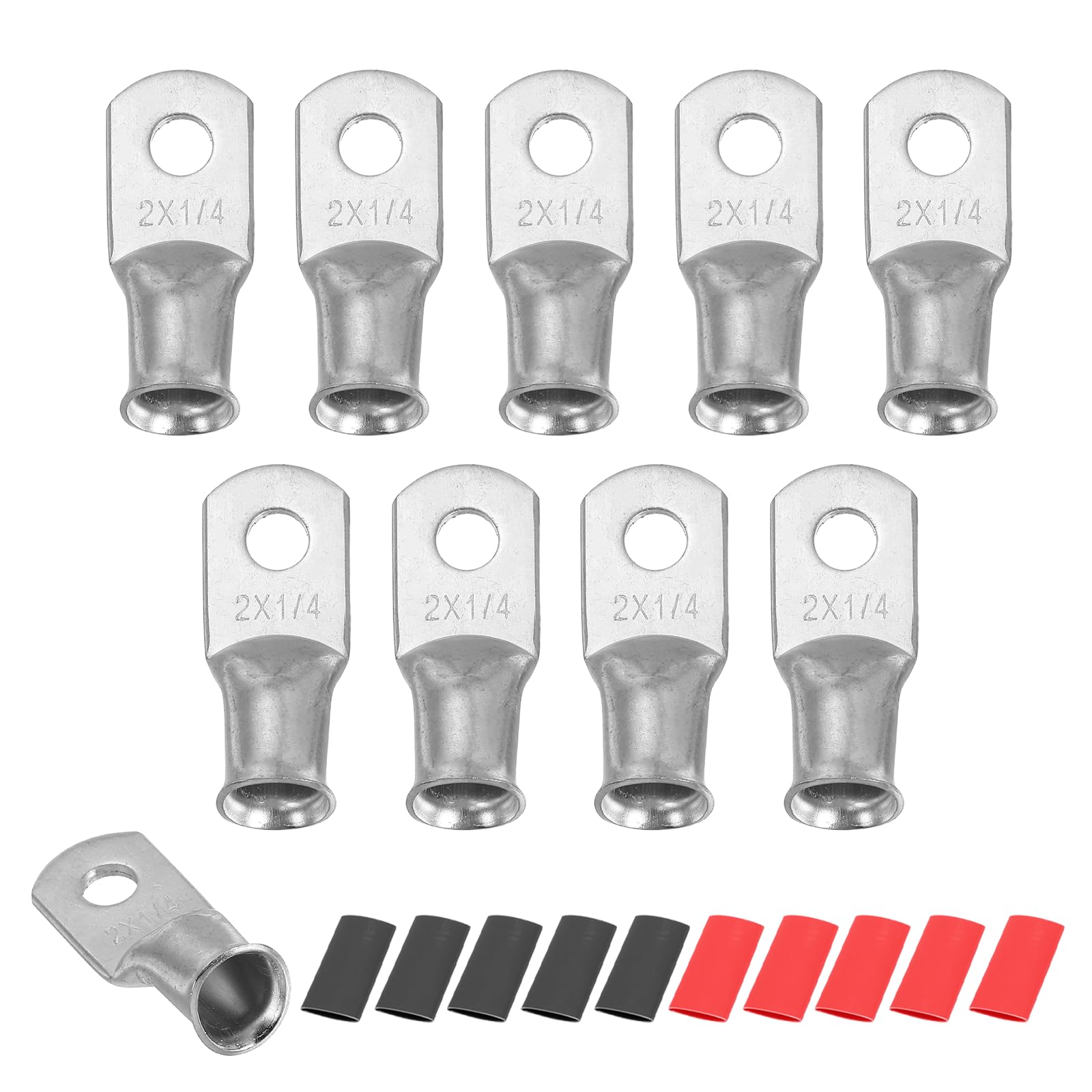 sourcing map 10pcs 2 AWG M6 Battery Lugs Ring Terminals, 1/4" 6mm Stud Crimp Wire Terminal Connector End Copper, 2:1 Heat Shrink Tubing, Silver