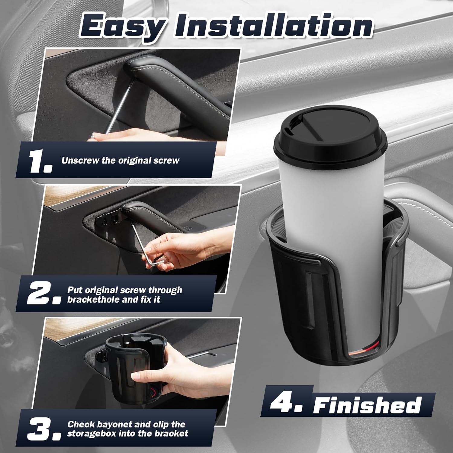 Shademax Set of 2 Car Cup Holder for Tesla Model Y 2020-2025 / Model 3 2017-2023 Left&Right Side Door Cup Holder with Rubber Coaster Model Y/3 Accessories Compatible with 2.95"-3.7" Cups Bottles
