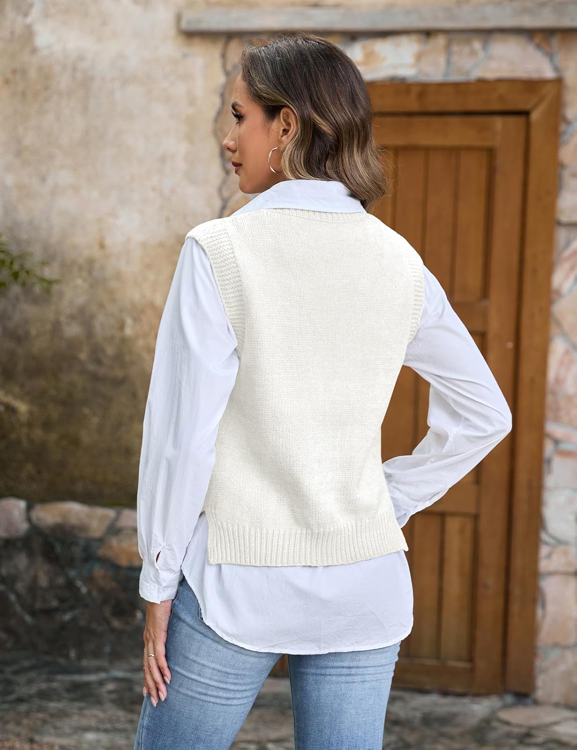 Tanst Sky Womens Sweater Vest V Neck Sleeveless Solid Casual Cable Knit Pullover Tops - Image 2