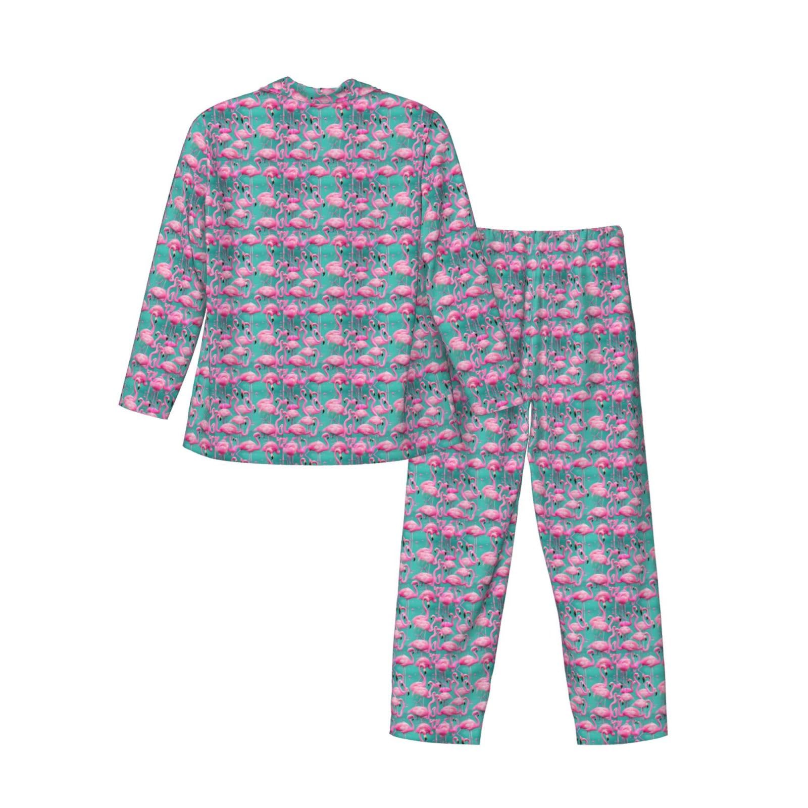 Bonito conjunto de pijama de manga larga para hombre con estampado de flamencos rosados, ropa de dormir de dos piezas, transpirable, cómoda