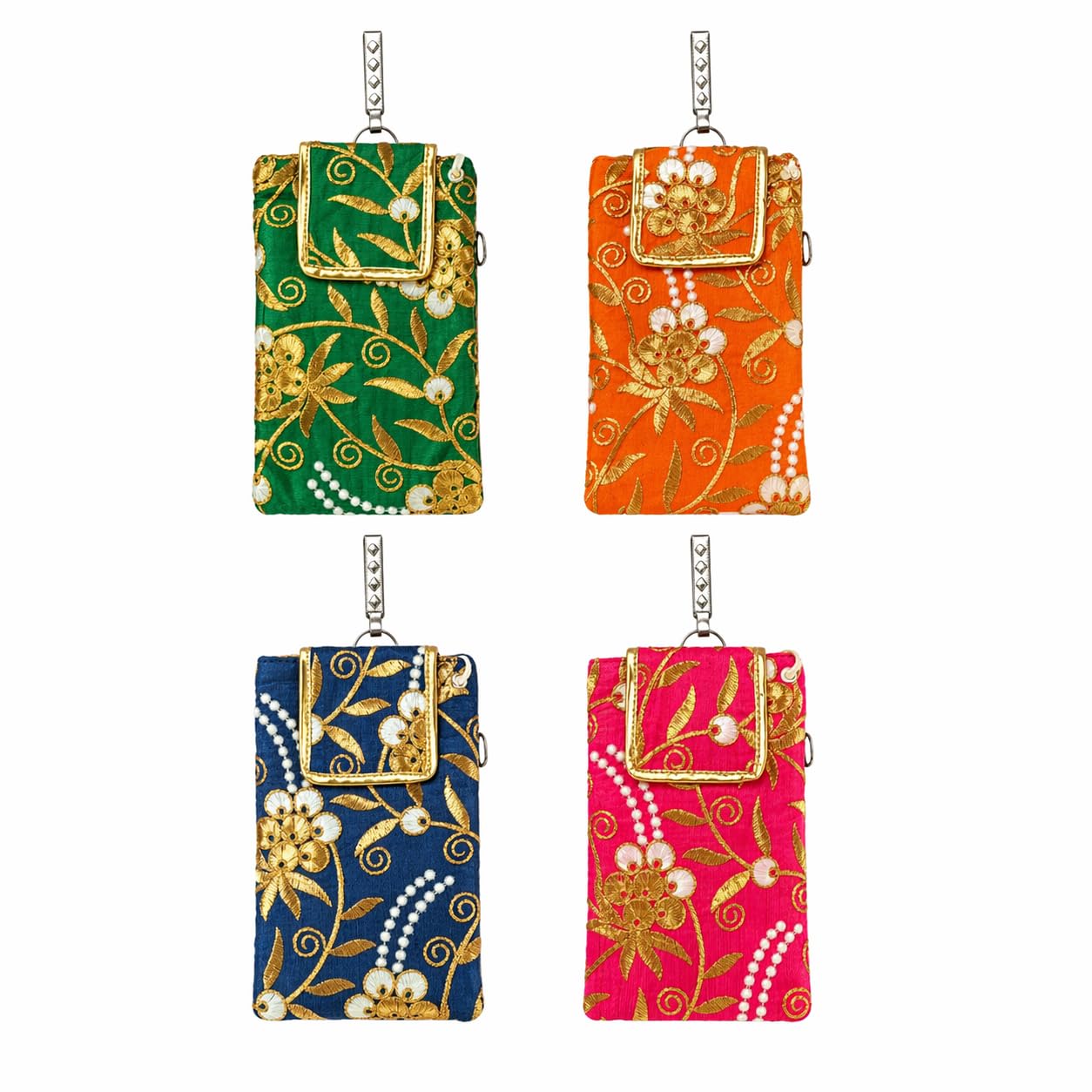 DMS RETAIL Ethnic Embroidered Mobile Pouch for Women with Sling Strap & Back Pocket | Silk Fabric Floral Design Phone Cover Bag | Multi-Color Travel Handy Purse for Smartphones (Pack of 4)-image-20