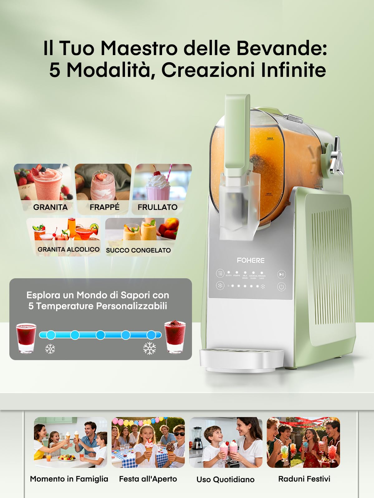 FOHERE Macchina per Granita, 5 programmi preimpostati, macchina per granite domestiche da 2,6 litri con autopulizia, per Granite, Cocktail, Frappé, Milkshake e Succhi, Senza Bisogno di Ghiaccio