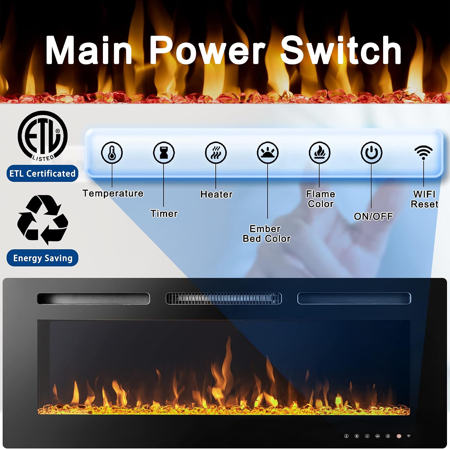 SUNNY FLAME 42" Electric Fireplace with Wi-Fi/Remote Control Wall Mounted and Recessed, Low Noise Fireplace with Timer, Touch Screen, Adjustable Flame Color and Speed, 750W/1500W, Log Set & Crystal