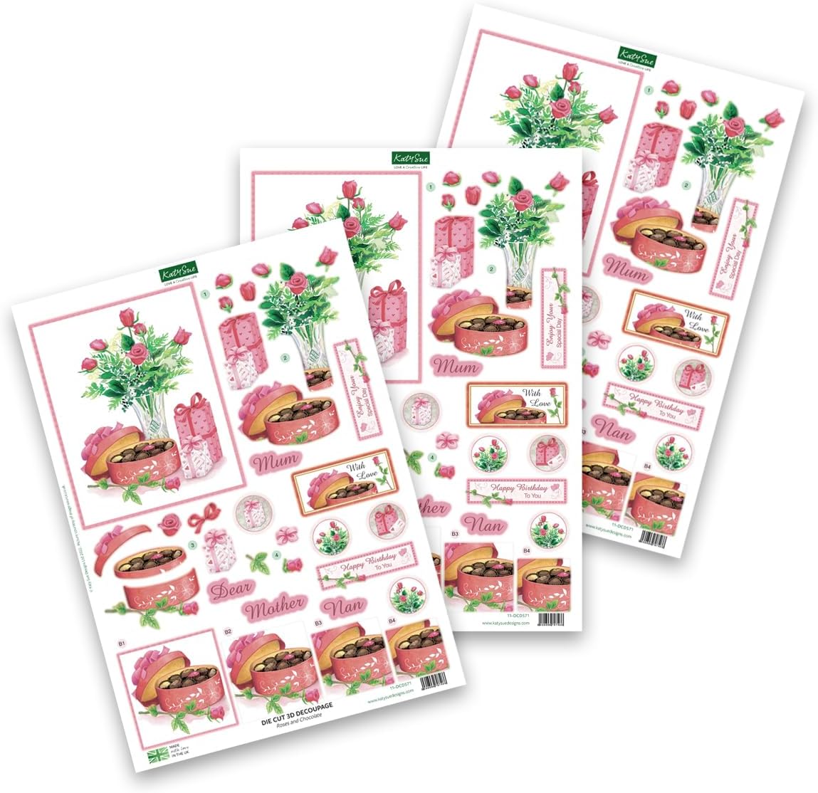 Katy Sue Designs Soft Pinks & Purples 3D Die Cut Decoupage Collection for Card Making Supplies & Scrapbooking. Contains 12 Sheets of Katy Sue Die Cuts Featuring Roses, Pansies, & Sentiments