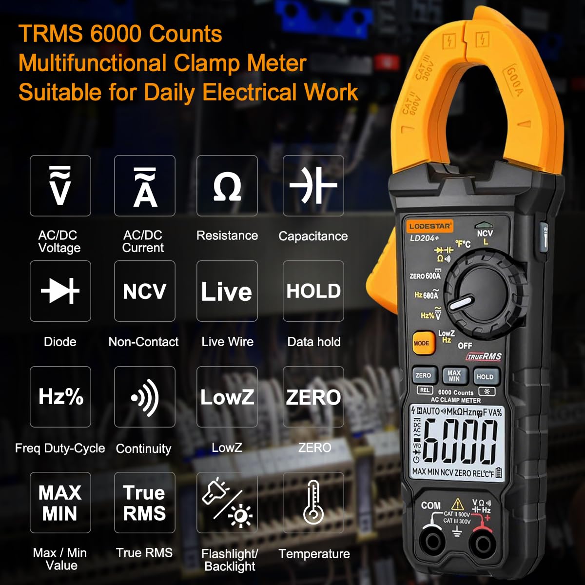 GALOOK LD204+ Pinza Amperometrica Multimetro Digitale Professionale, Voltmetro Amperometro per Misurare Tensione/Corrente AC DC Temperatura Capacità Resistenza Frequenza Continuità Diodo NCV LIVE