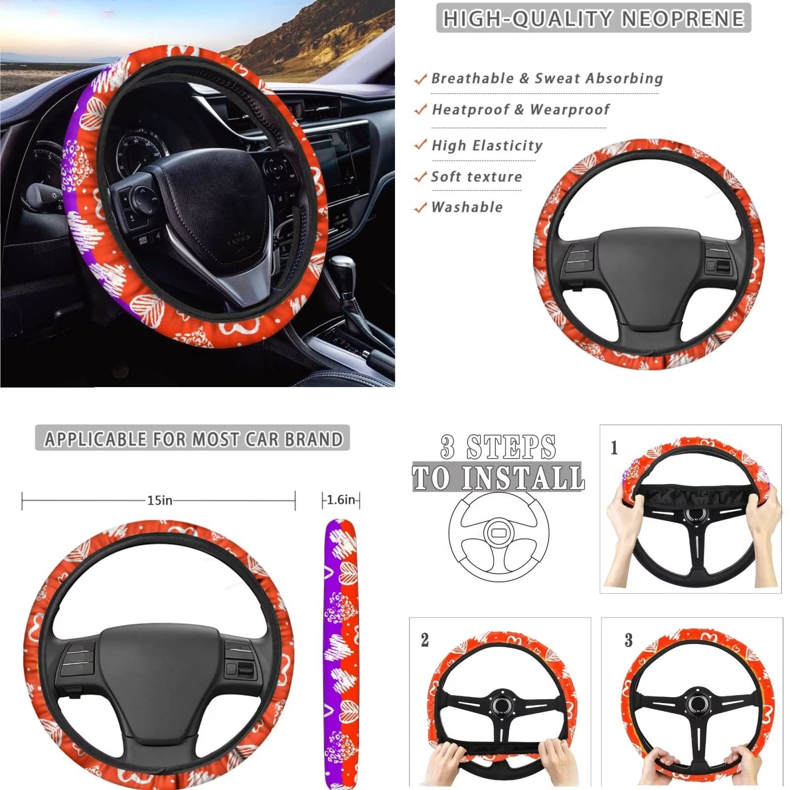 Dolyues Rainbow Heart Love Accessori per auto, SUV, camion, berlina, coprisedile/coprivolante/coprivolante/coprivolante/coprivolante/coprivolante 7 pezzi decorazione auto