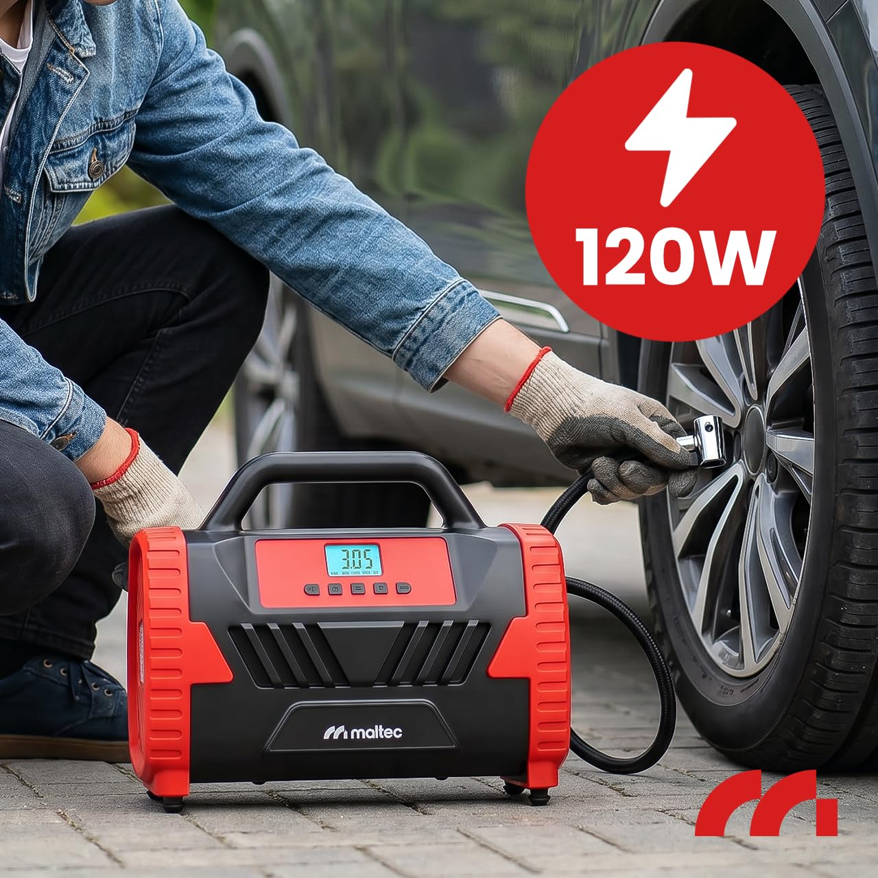MalTec Kompresor samochodowy cyfrowy do pompowania opon, 150 PSI/10 bar, 12 V/230 V, przenośna sprężarka powietrza, elektryczna pompka samochodowa z diodami LED, wybór ciśnienia, automatyczne