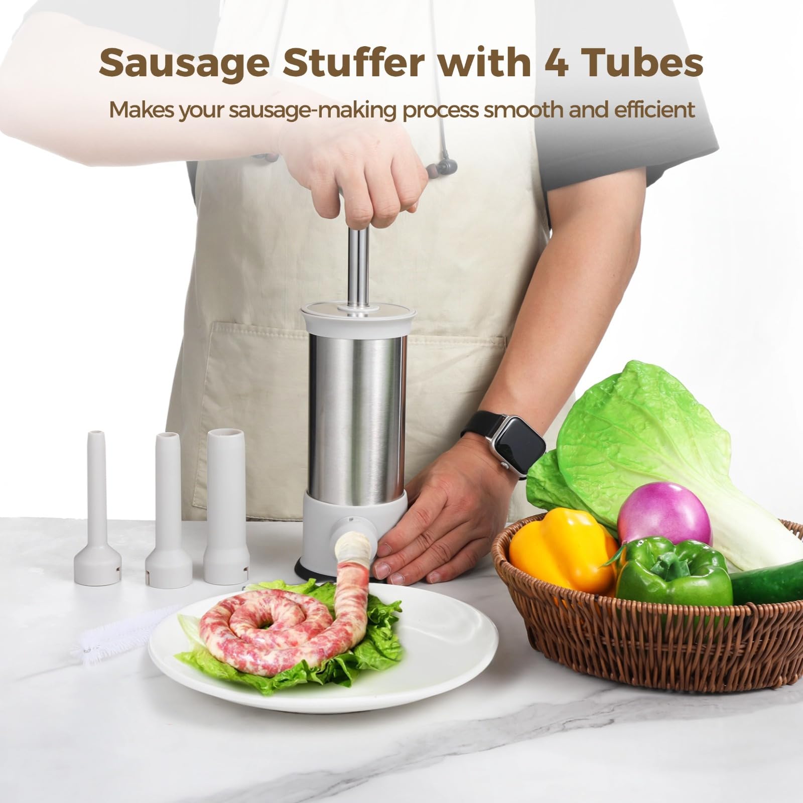 Stainless Steel Manual Sausage Stuffer, 1.5 L Vertical Design with 4 Tubes and Cleaning Brush for Homemade Sausages