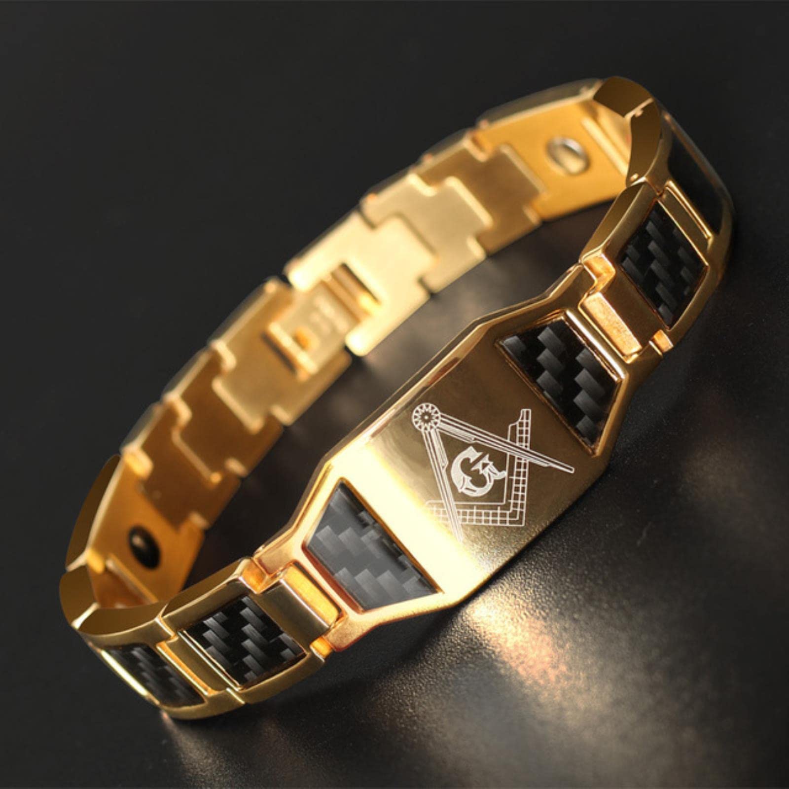 WXHN 4 in 1 Men Steel Magnetic Therapy Healing Bracelet Bio Magnet Health Care Bangle Relieve Pain Anti Radiation Wristband Gift-Gold-color,21.5cm