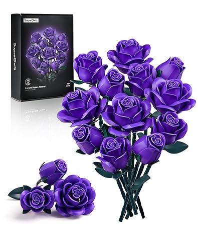 iATOM Purple Rose Bouquet Building Set, Compatible with Lego Flowers for Adults Women, Botanical Collection Gift for Halloween & Valentines Day - Artificial Plant Gothic Home Decor - IA11017 - Purple Rose Bouquet