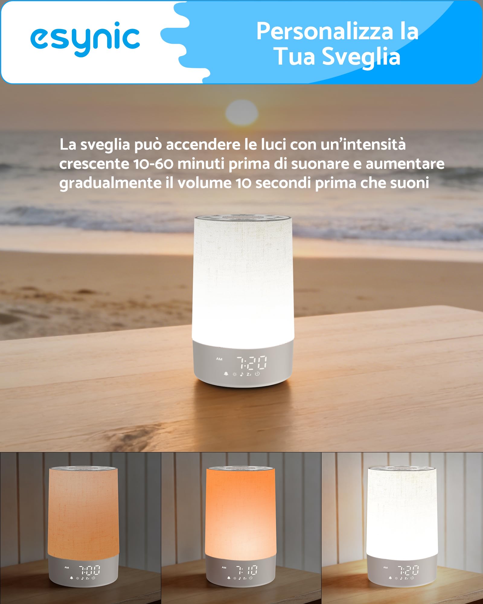 eSynic 2 in 1 Sveglia Luminosa Alba e Macchina Rumore Bianco, Luce Notturna Display Dimmerabile, 30 Suoni Rilassanti, Timer, Snooze, Volume Regolabile, Sunrise Alarm Clock da Comodino con Spina