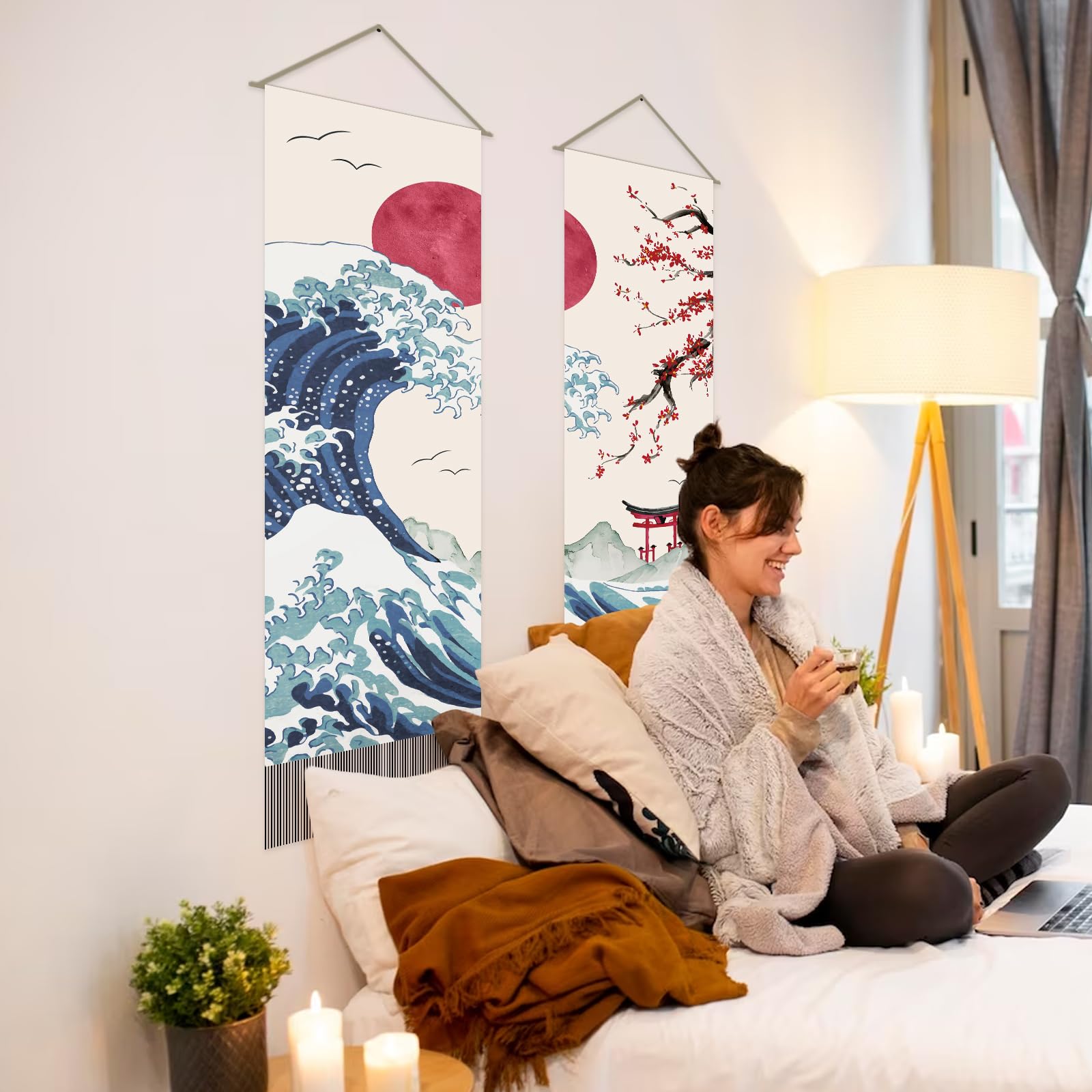 AHANDMAKER Confezione da 2 arazzi giapponesi con onde dell'oceano, sole rosso e onde e fiori di ciliegio rossi, arazzo con nappe per camera da letto, 33 x 130 cm