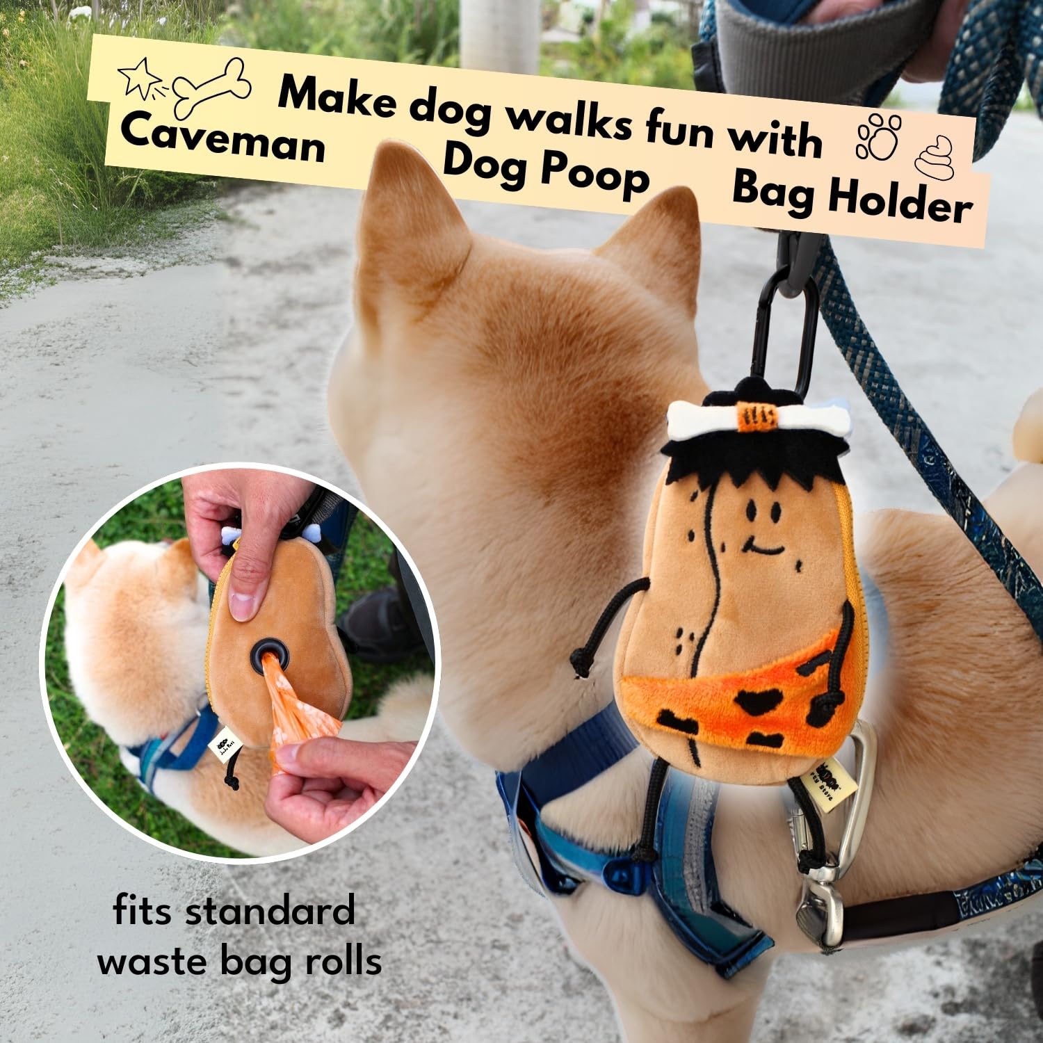 juju Pati Dog Poop Bag Holder for Leash with Waste Bags and Keychain Clip, Easy Refill, Unscented, Doggy Walking Accessory, 1 Caveman Dispenser and 15 Count Poop Bag