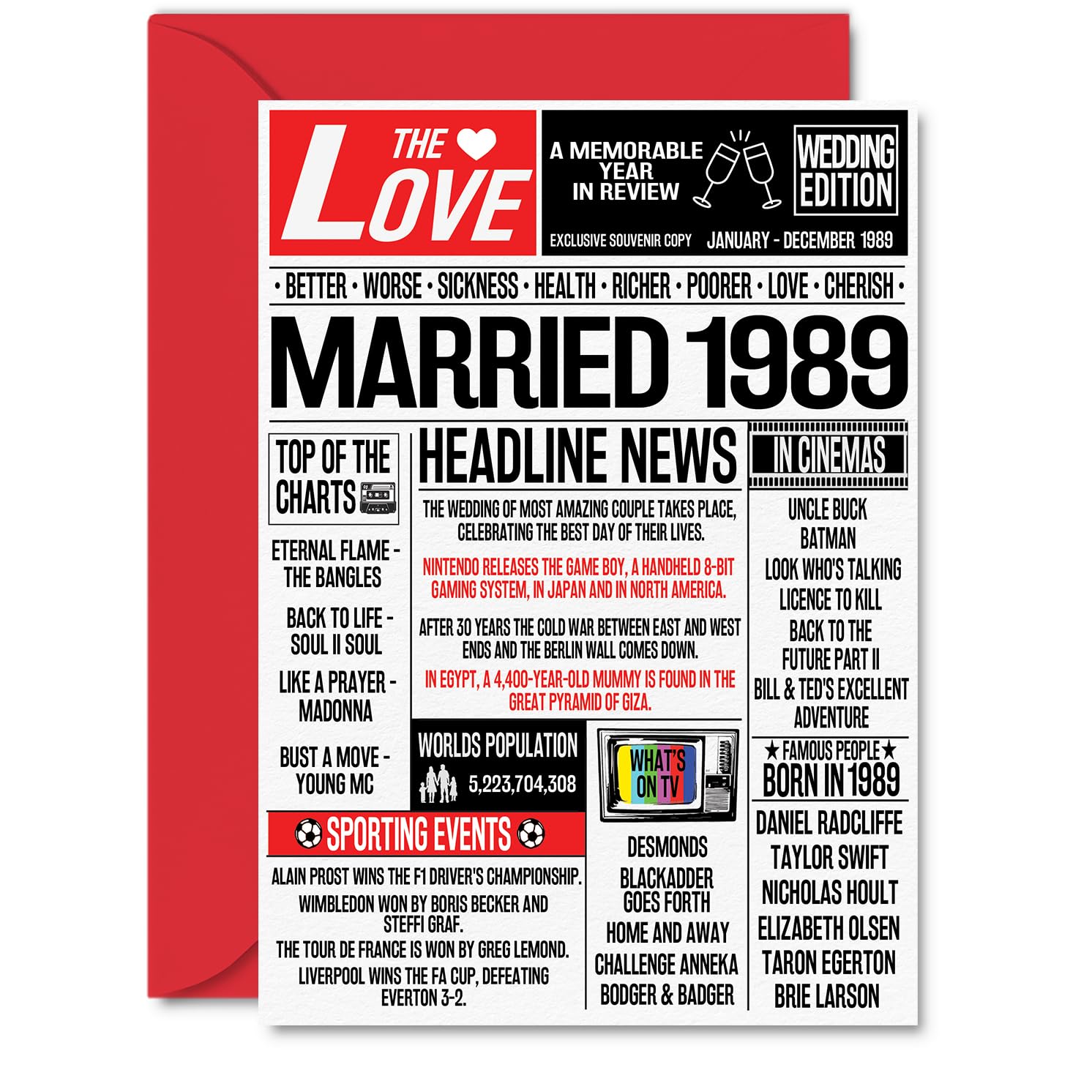 37th Anniversary Cards for Men Women - Married 1989 Newspaper - 37 Wedding Anniversary Card for Husband Wife Aunt Uncle Vintage Retro 1989, A5 Greeting Cards