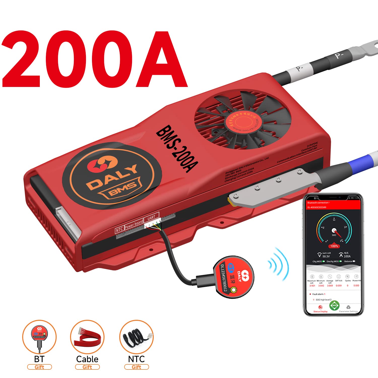 DALY Smart BMS LiFePO4 16S 48V Bluetooth Smart PCB Batterieschutzplatine Batteriemanagementsystem mit Ausgleichskabeln und drahtlosem Bluetooth-Modul für Lithium-Eisen-Phosphat(200A Fan)