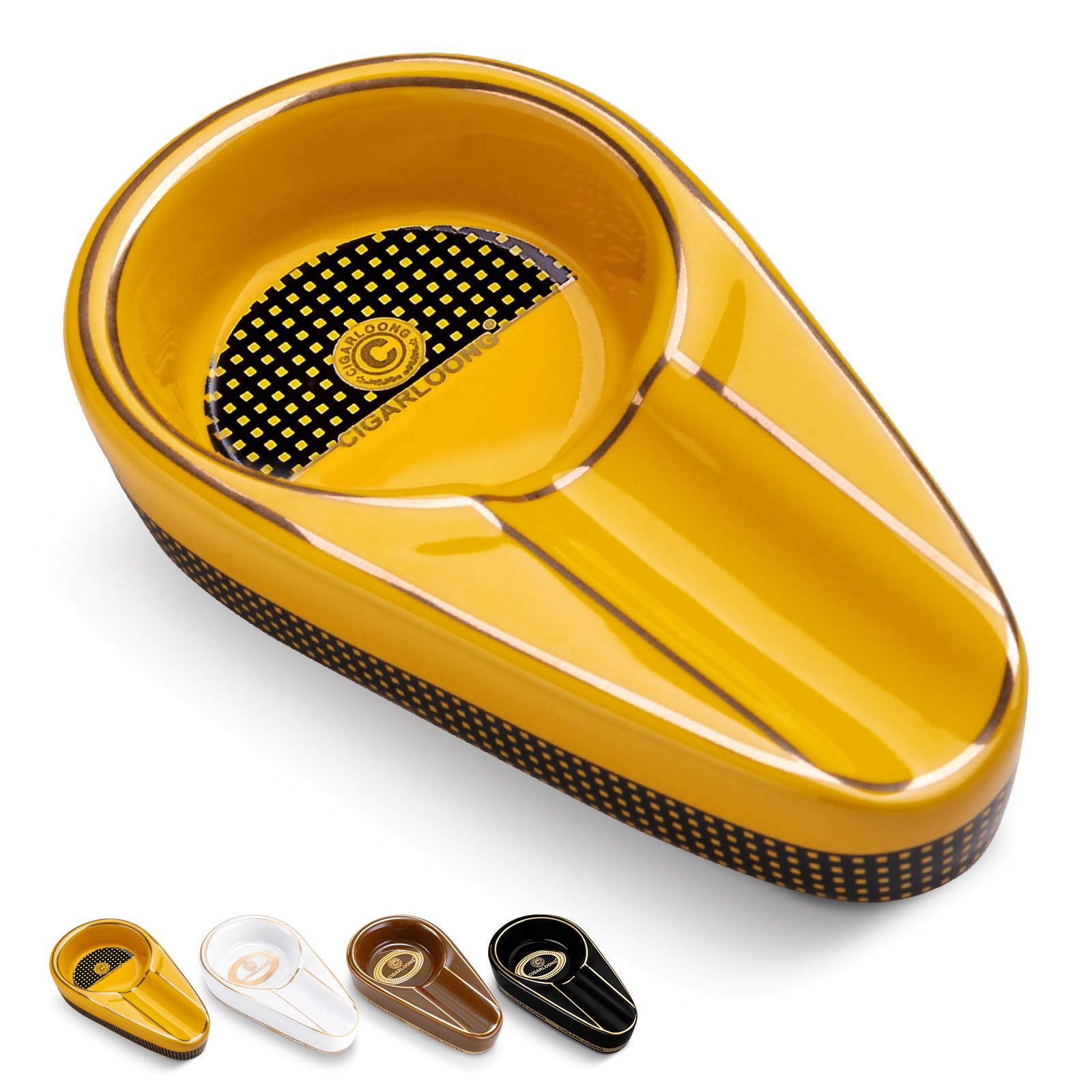 Cigar Ashtray Portable Ceramic, Heat Resistant Outdoor Small Cigarette Ash Tray Windproof with 1 Slot Cigar Holder for Patio/Outdoor/Indoor/Travel (Yellow)