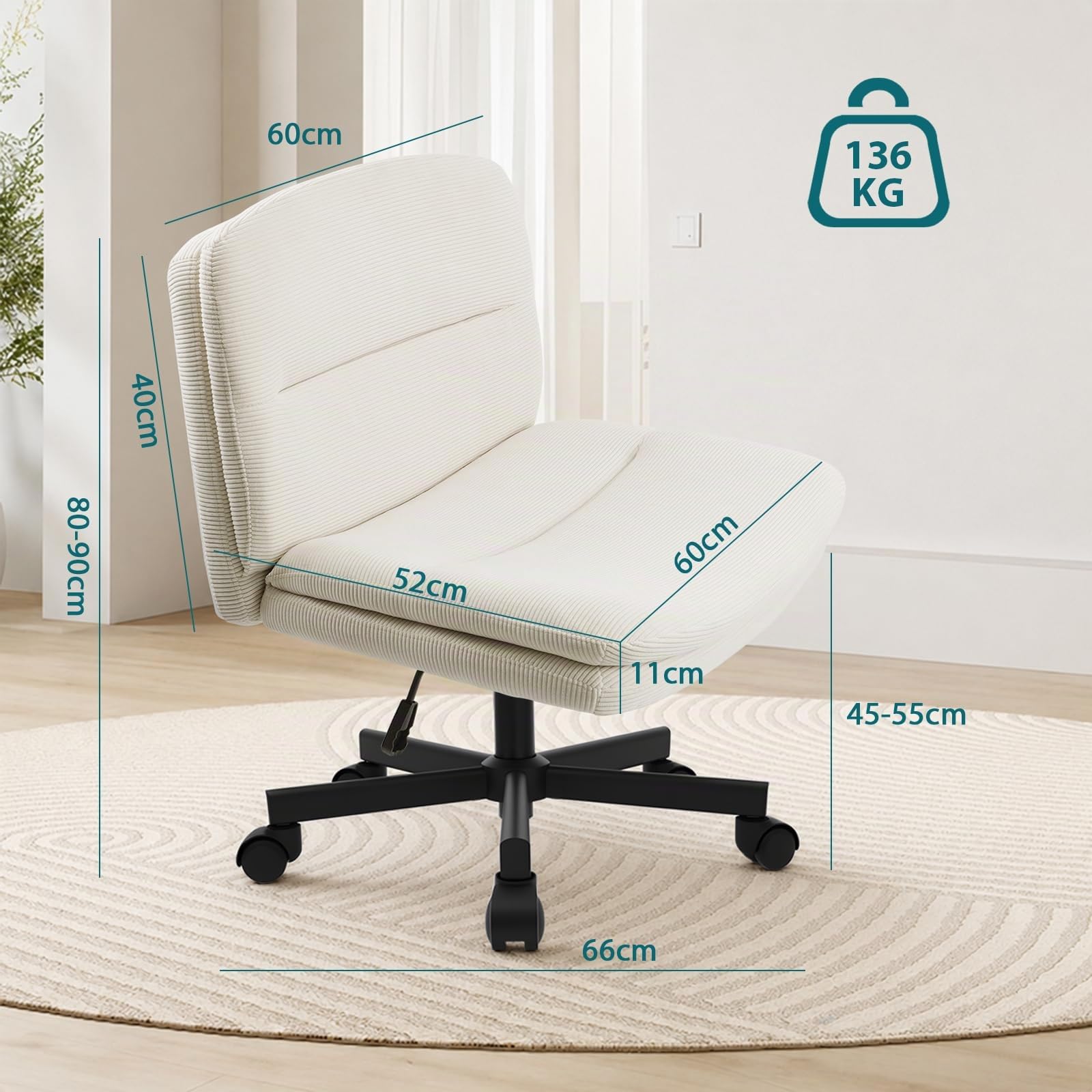 Bürostuhl ohne Armlehnen, Schneidersitz-Stuhl mit breiter Sitzfläche, Schreibtischstuhl mit Cordbezug, höhenverstellbarer Drehstuhl mit Wippfunktion, für Homeoffice, bis 136 kg, Creme