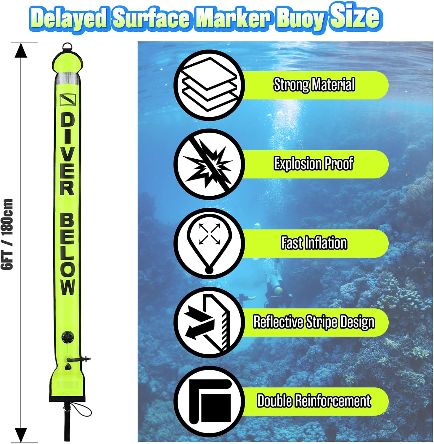 High Visibility Diving Surface Marker Buoy (SMB), Inflatable Scuba Signal Tube with Reflective Band, Safety Sausage Easy Inflate/Deflate for Scuba, Freediving & Snorkeling