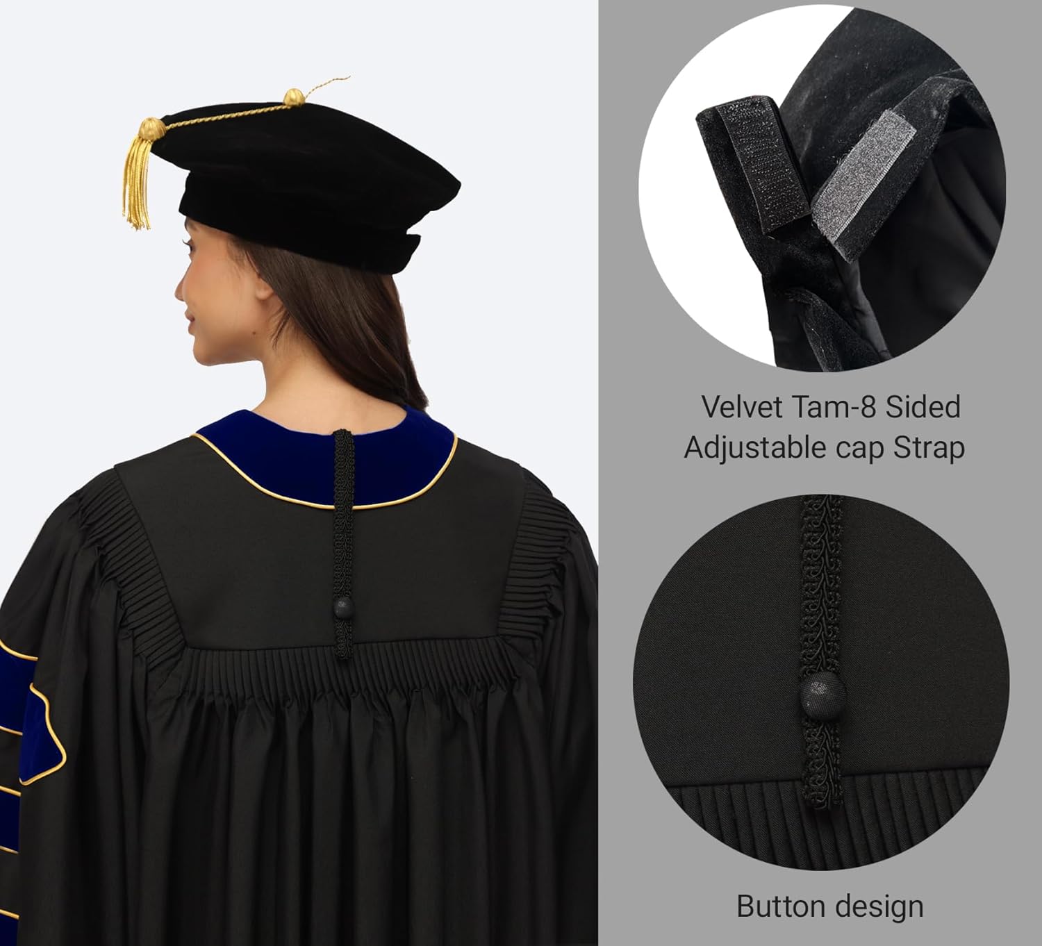 Unisex Deluxe Doctoral Graduation Gown Doctoral Hood and Tam 8 Sided Package