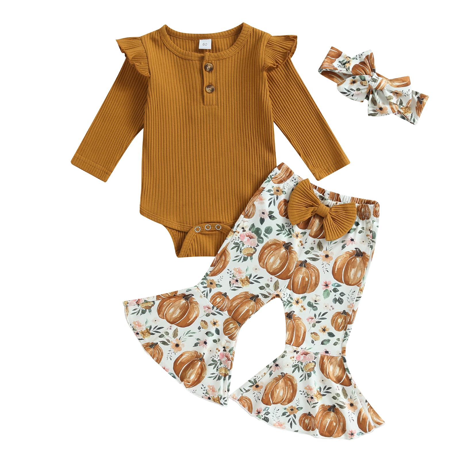 fhutpw Baby Girl Clothes Newborn 3 6 12 18 Months Fall Outfits Ruffle Knitted Long Seeve Romper Top & Flare Pants Sets (Halloween-brown 1, 3-6 Months)
