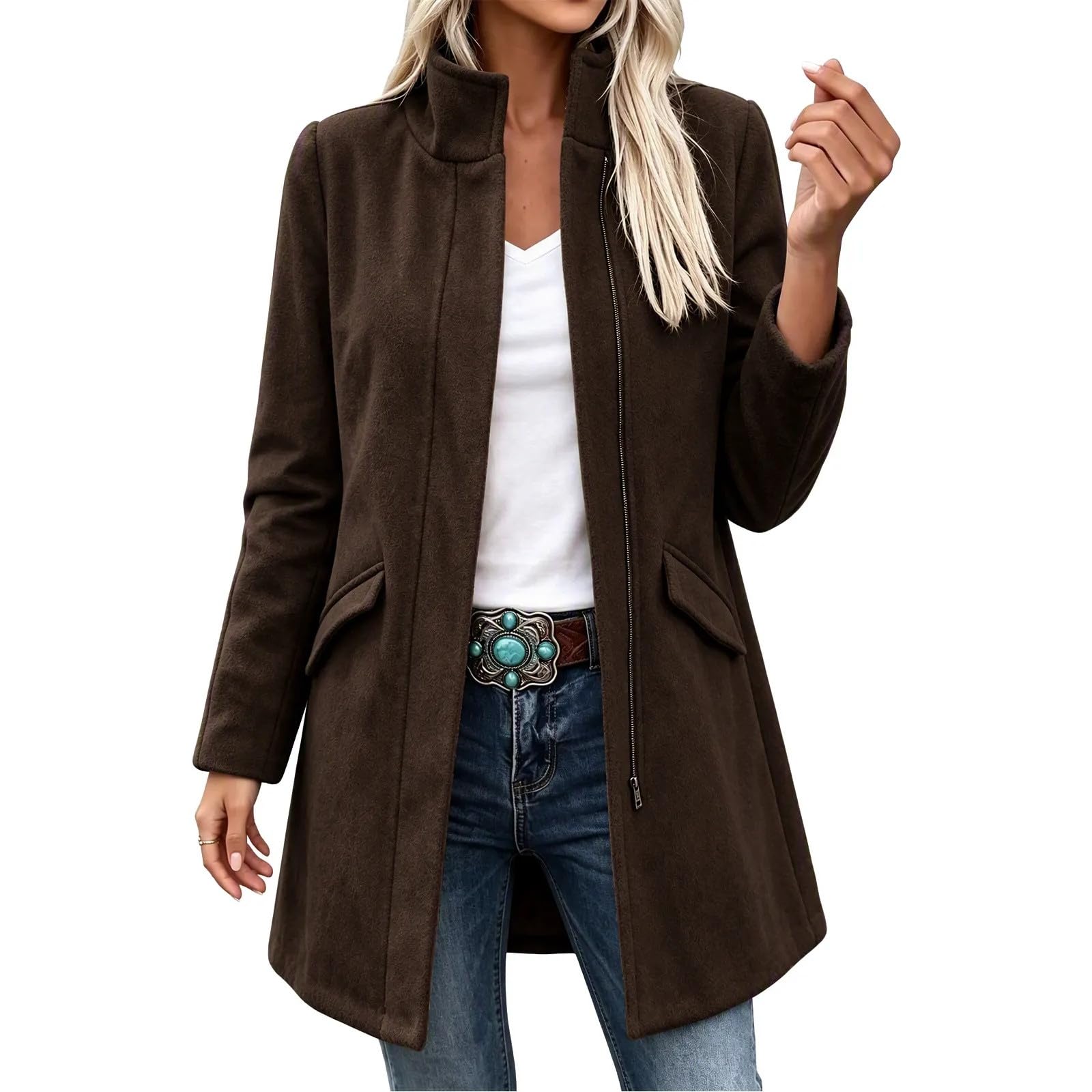 Generisch Winter Damen Wollmantel Stehkragen Freizeitjacke Lange Trenchcoat