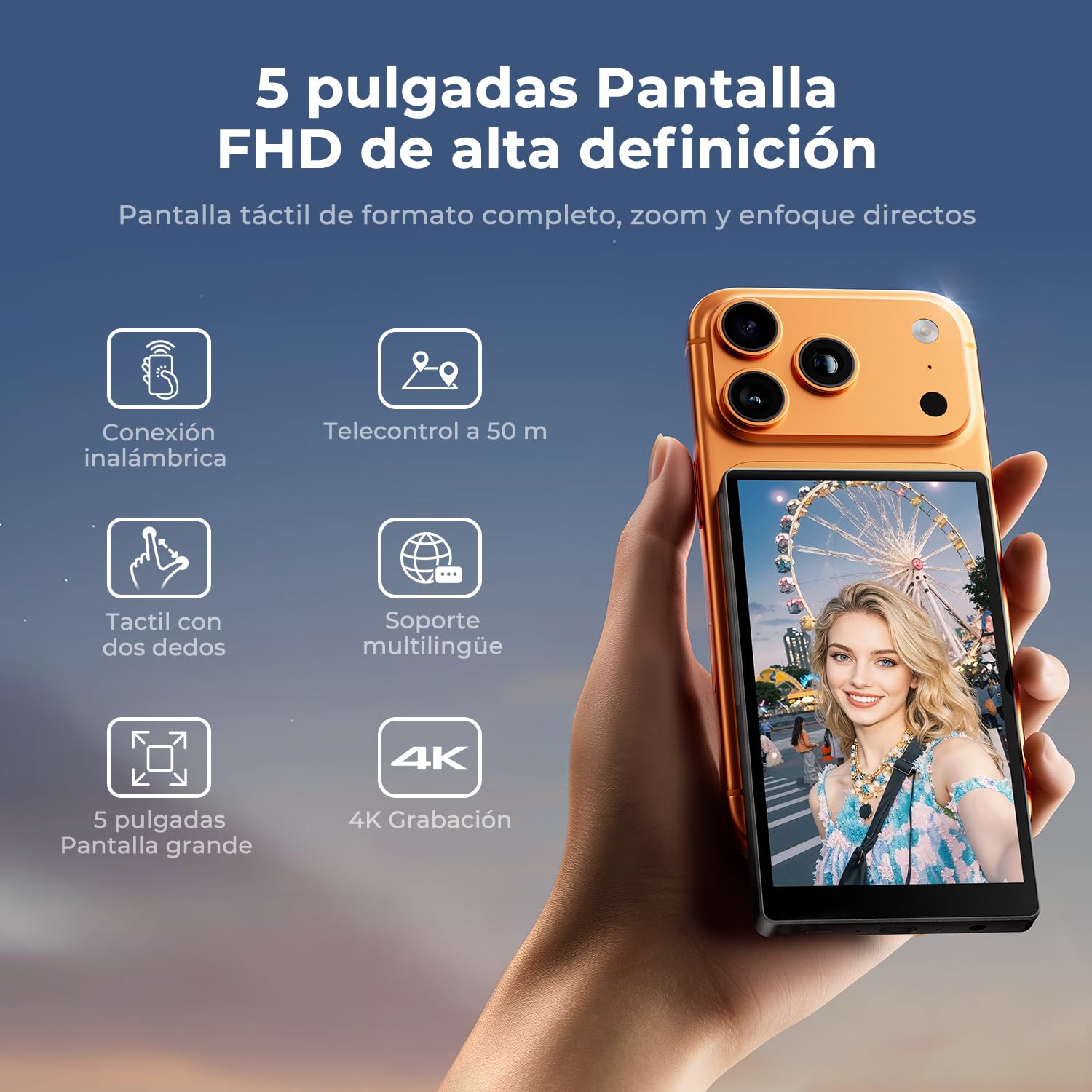 K&F CONCEPT Pantalla Selfie 5", Monitor magnético inalámbrico 4K/1080p para cámara Trasera, Alcance 50 m, P2P, Compatible iPhone & Samsung, para Creadores de Contenido