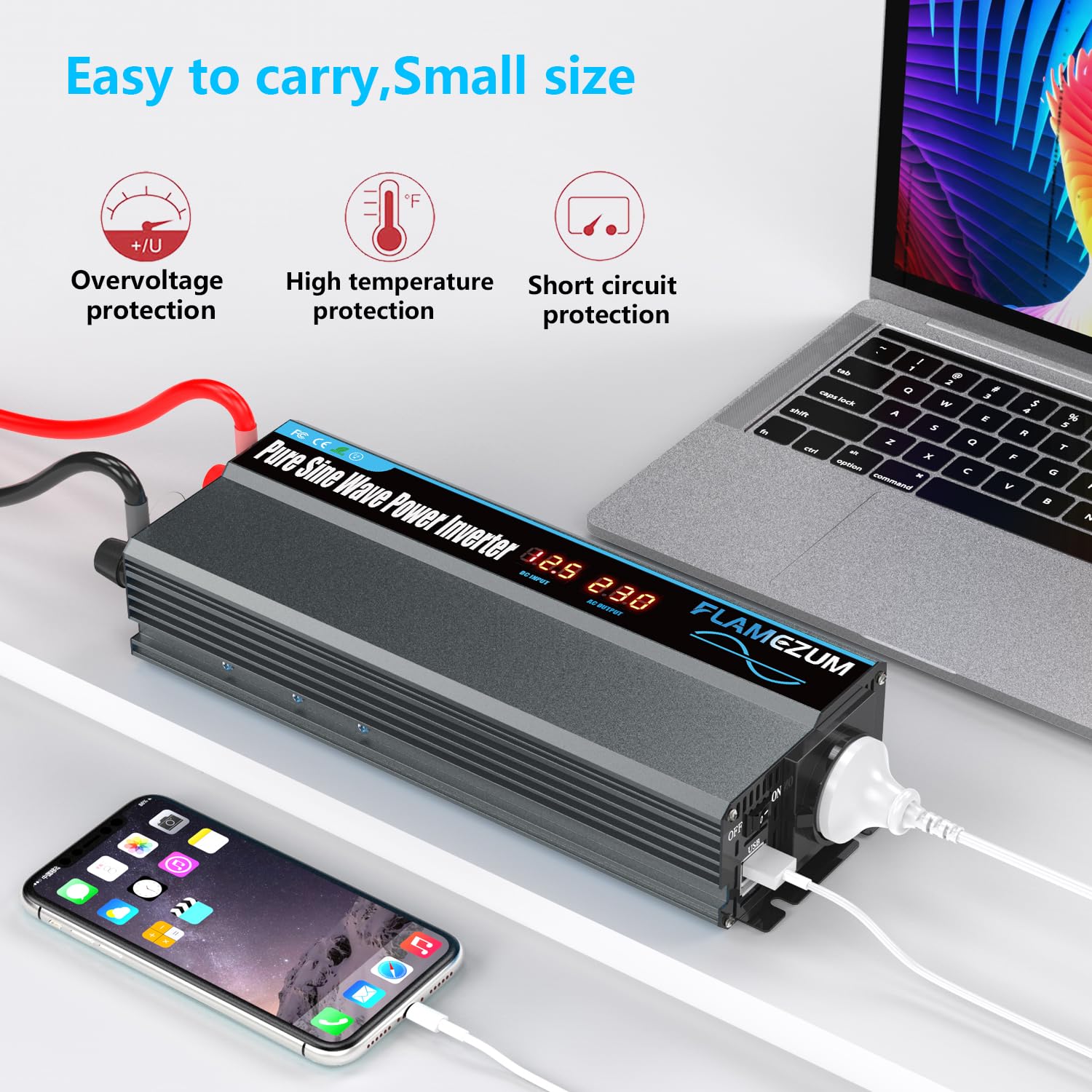 FLAMEZUM Falownik 12 V 220 V Czysta Fala 1000 W DC 12 V Na AC 230 V Z 1 Gniazdem UE I 2 Portami USB Falownik Słoneczny DC AC Konwerter Prądu Przemiennego Do Samochodów Kempingowych Ciężarówek