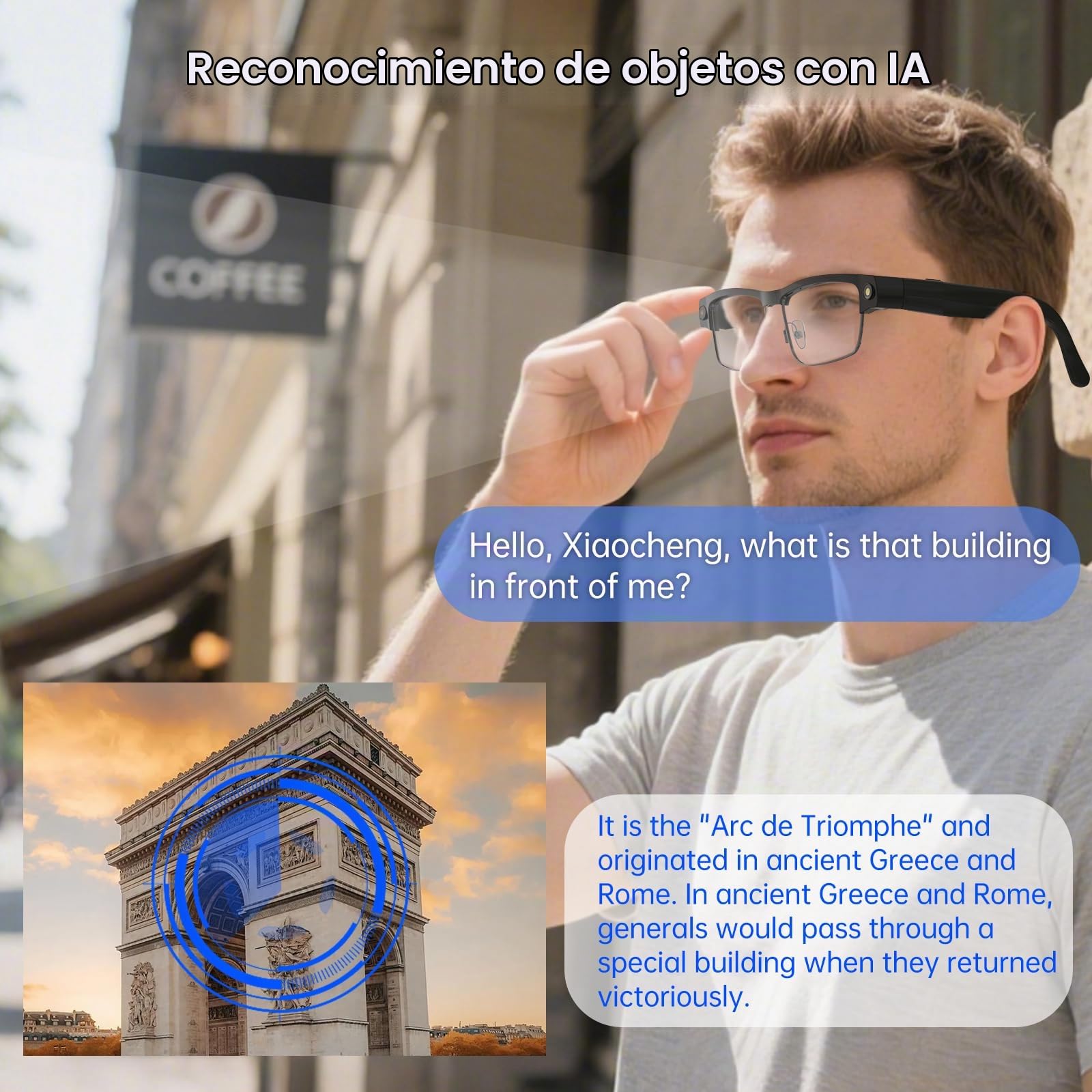 Gafas inteligentes Bluetooth con cámara HD, grabación 1080P, audio de oído abierto, micrófono ANC, música, llamadas y asistencia de voz con traducción, gafas de sol con protección UV para hombre mujer
