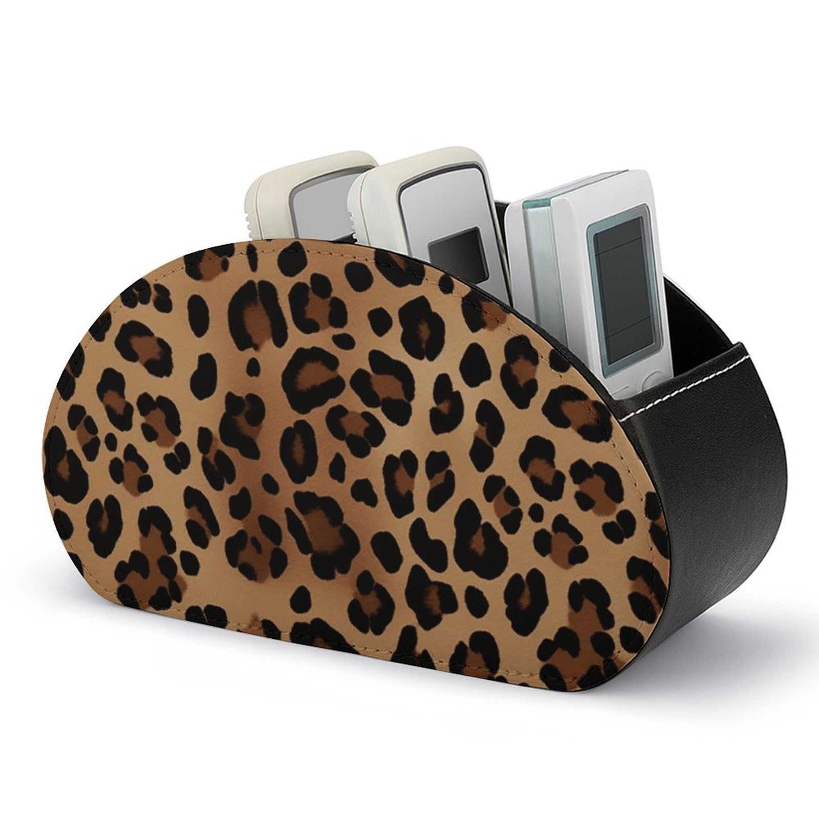 BTCOWZRV Remote Control Holder PU Leather Remote Caddy with 5 Compartment TV Remote Holder Leopard Print Remote Box Remote Control Organizer Pen Holder for Desktop Organizers