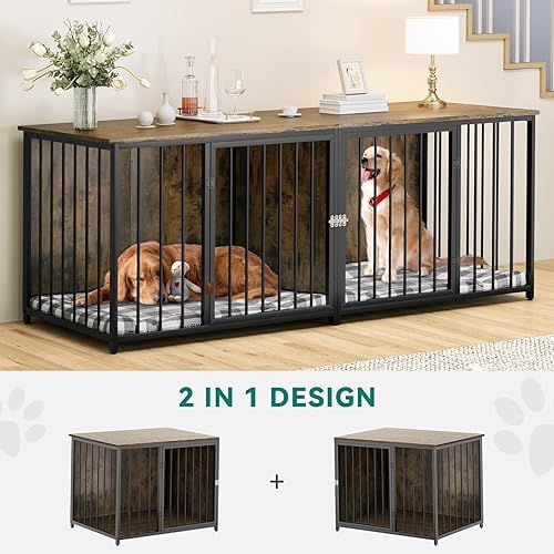 Miniatura 4 de YITAHOME Mueble de jaula doble para perros, perrera de 80.2 pulgadas para razas grandes con divisor, casa para perros resistente con soporte para TV