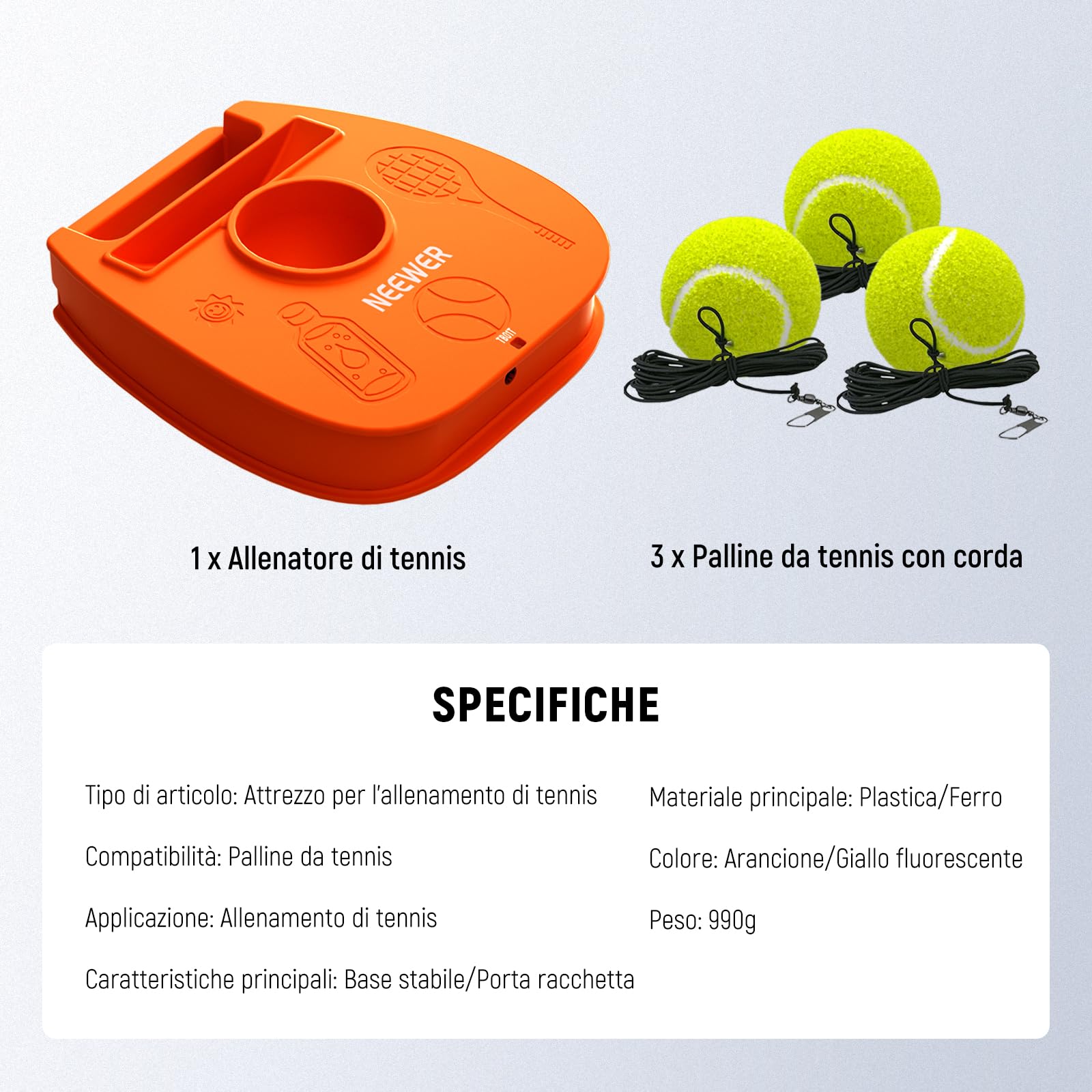 NEEWER Set di Palline da Tennis Portatili con Base in Ferro Antiscivolo, Supporto per Racchetta, 3 Palline da Tennis con Corda Elastica, rimbalzatore per Allenamento Individuale per Adulti, TB01Z