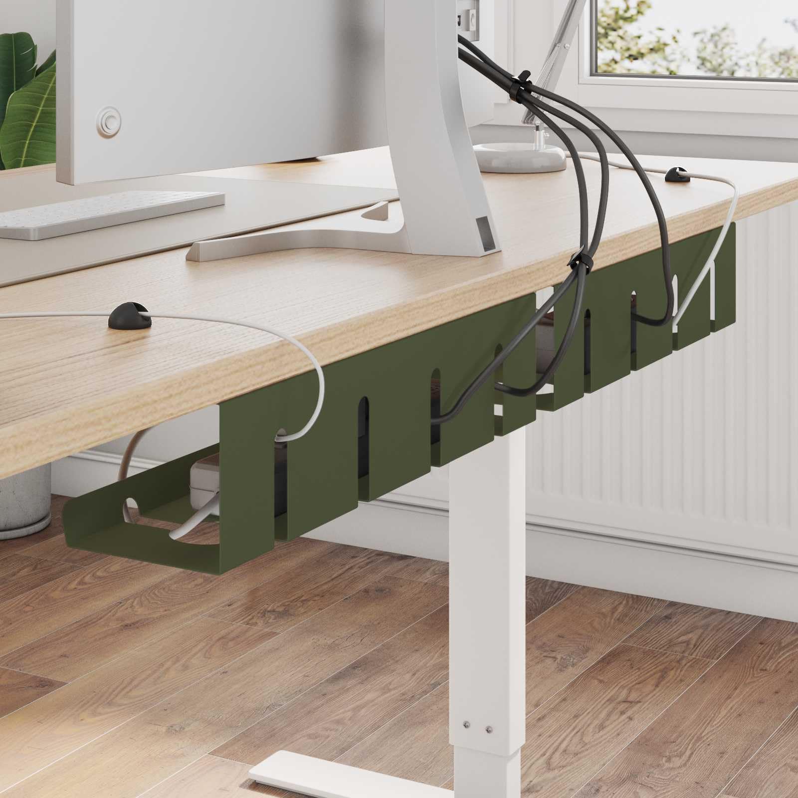 2er Set Kabelmanagement Schreibtisch Olivgrün, Kabelkanal aus pulverbeschichtetem Stahl, Kabelwannen für Ordnung unter dem Tisch, Inklusive Kabelclips und Klettbändern