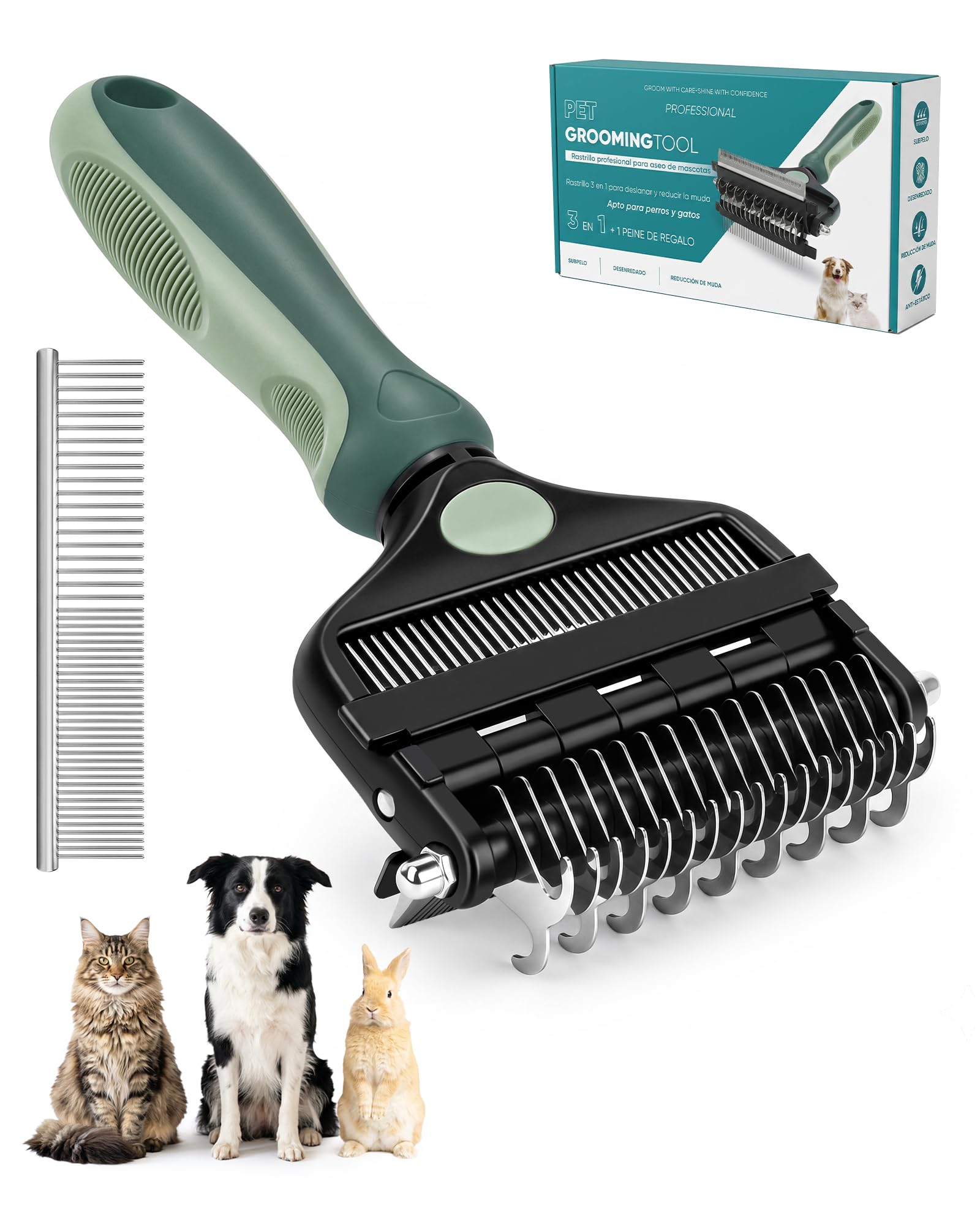 3-in-1 Dog Grooming Brush, Deshedding Tool, Undercoat Rake & Dematting Comb