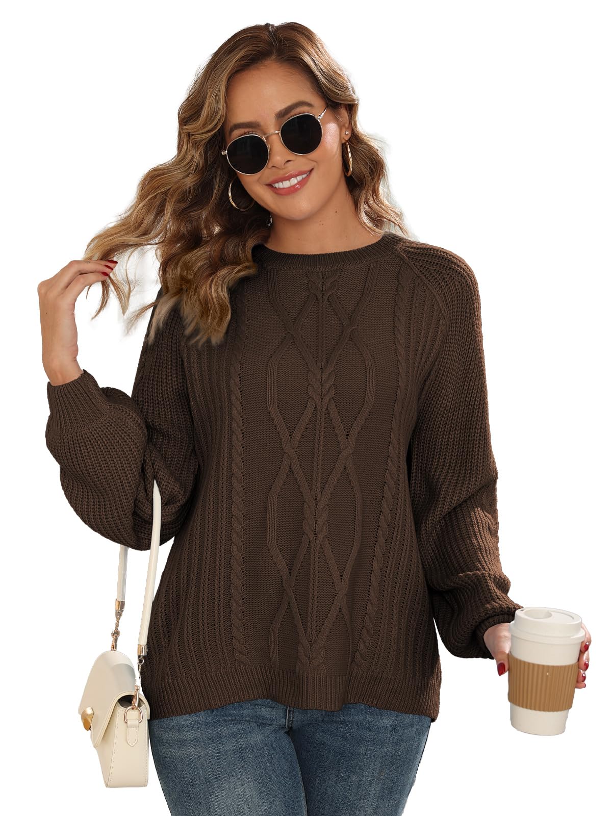 Womens Cable Knit Crewneck Sweaters 2025 Fall Winter Long Sleeve Casual Chunky Knit Sweater Pullover Top S-XL
