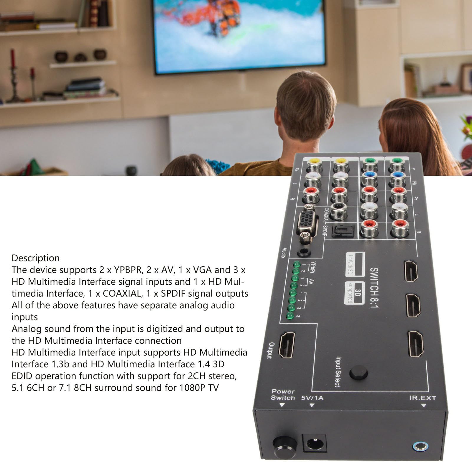 Convertitore HDMI, Adattatore Audio 1080P con 2 X YPBPR, 2 X AV, 1 X VGA, 3 X Ingresso Segnale HDMI a HDMI, COASSIALE, Uscita SPDIF, per Set Top Box HDTV Conferenza DVD (Spina europea AC100‑240V)