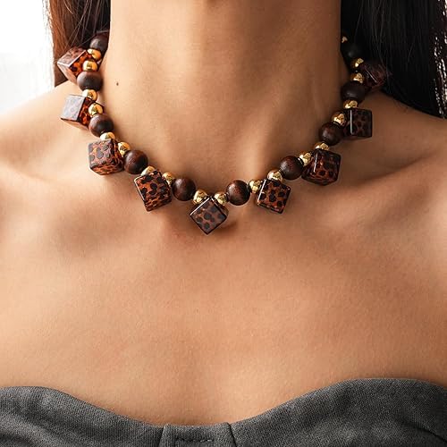 Miniatura 2 de Leopard Print Amber Acrylic Heart Choker Necklace for Women, Vintage Punk Chunky Resin Pearl Beaded Strand Adjustable Lightweight Trendy Fashion