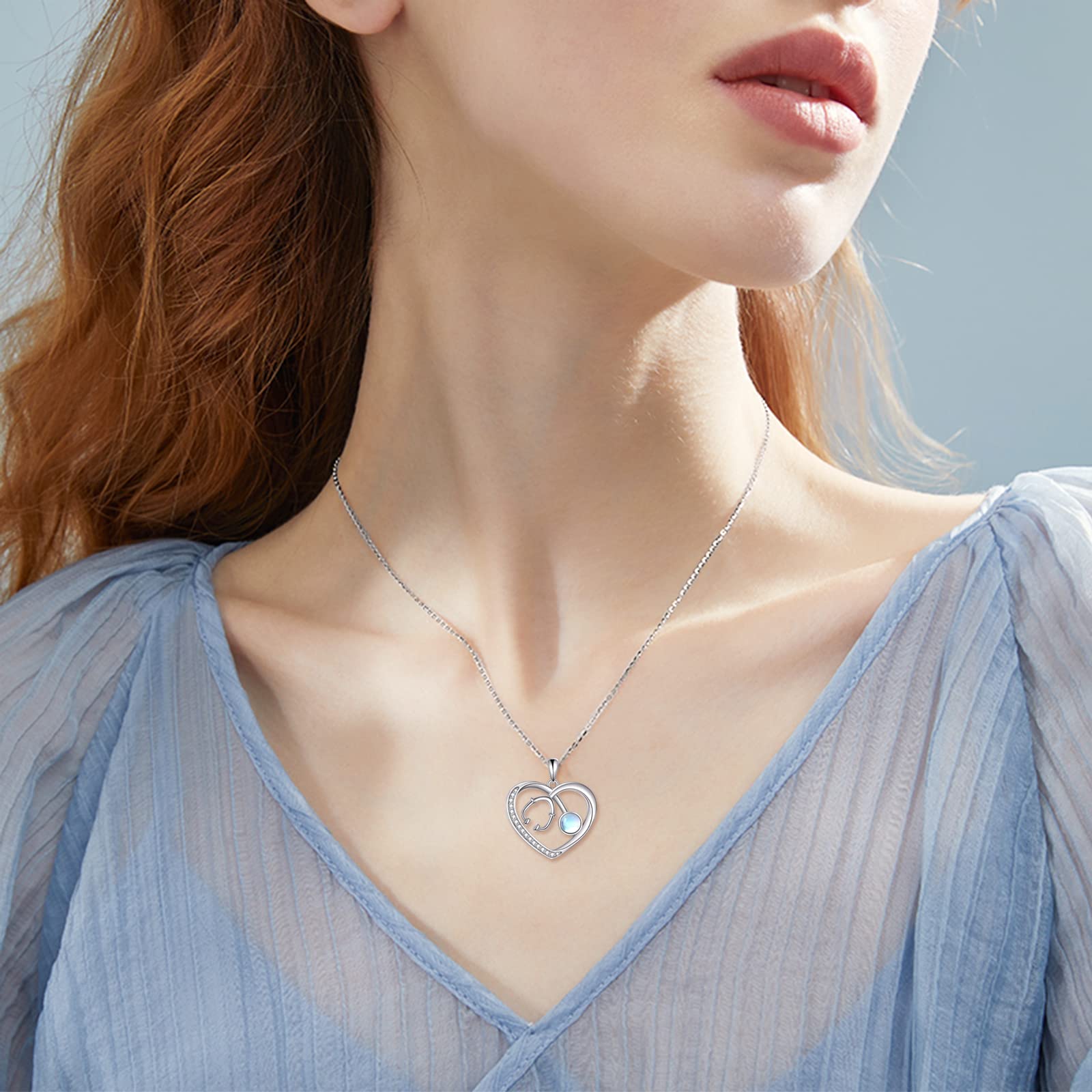 DAYLINLOVE Collar Estetoscopio Plata Ley 925 Regalos Enfermera Collar Colgante En Forma Corazón Piedra Lunar Joyería Enfermería Regalos para Enfermera Médico Estudiante Medicina