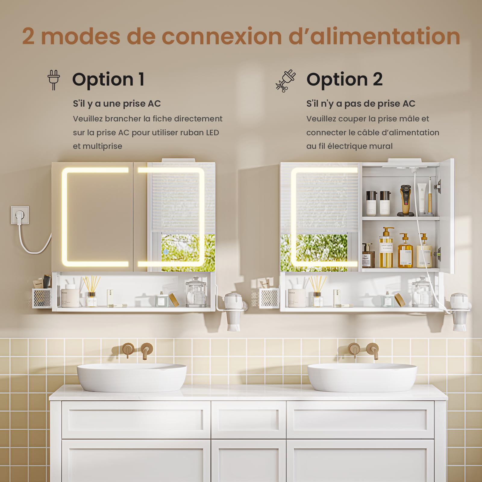 Armoire Murale Salle de Bain avec Éclairage LED et Prises, Armoire de Toilette Miroir avec Étagère Réglable, Température de Couleur Réglable, Meuble de Salle de Bain 60x16x60cm, Blanc