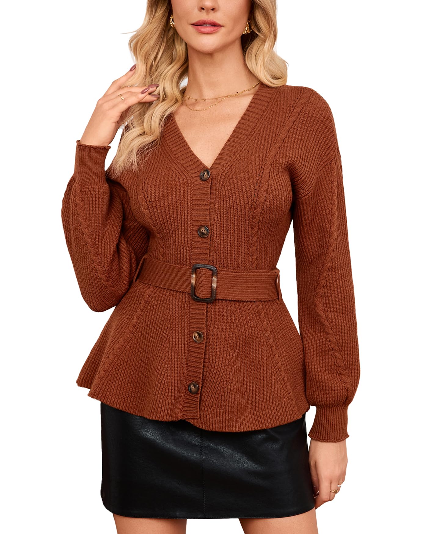 Womens Belted Cable Knit Cardigan Long Sleeve V-Neck Button Down Peplum Sweater