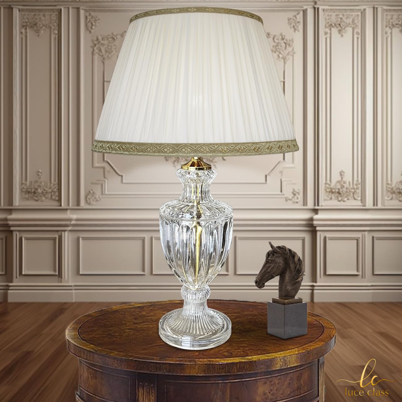 Luceclass - Lampe de table classique en cristal transparent avec abat-jour en soie plissée lumière classique élégante de luxe pour salon, salon, hôtel, contrat Made in Italy