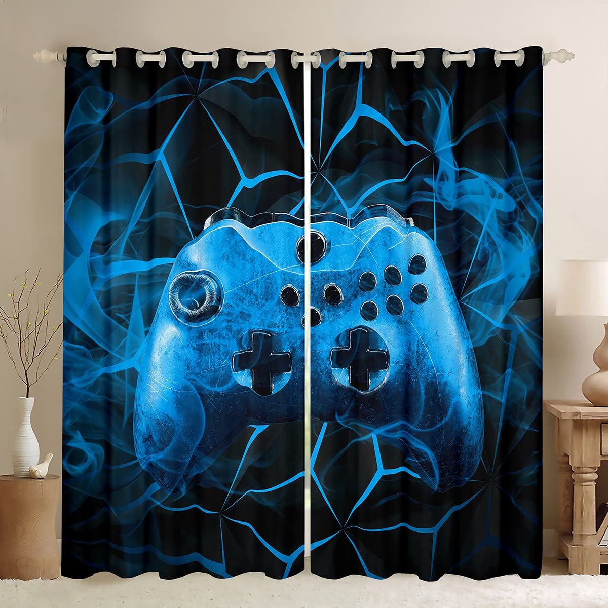 Loussiesd Gaming Curtains Kids Gamer Video Games Window Drapes for Boys Teens Modern Game Controller Window Curtain Breathable Blue Gamer Console Window Treatments Room Decor W66*L72
