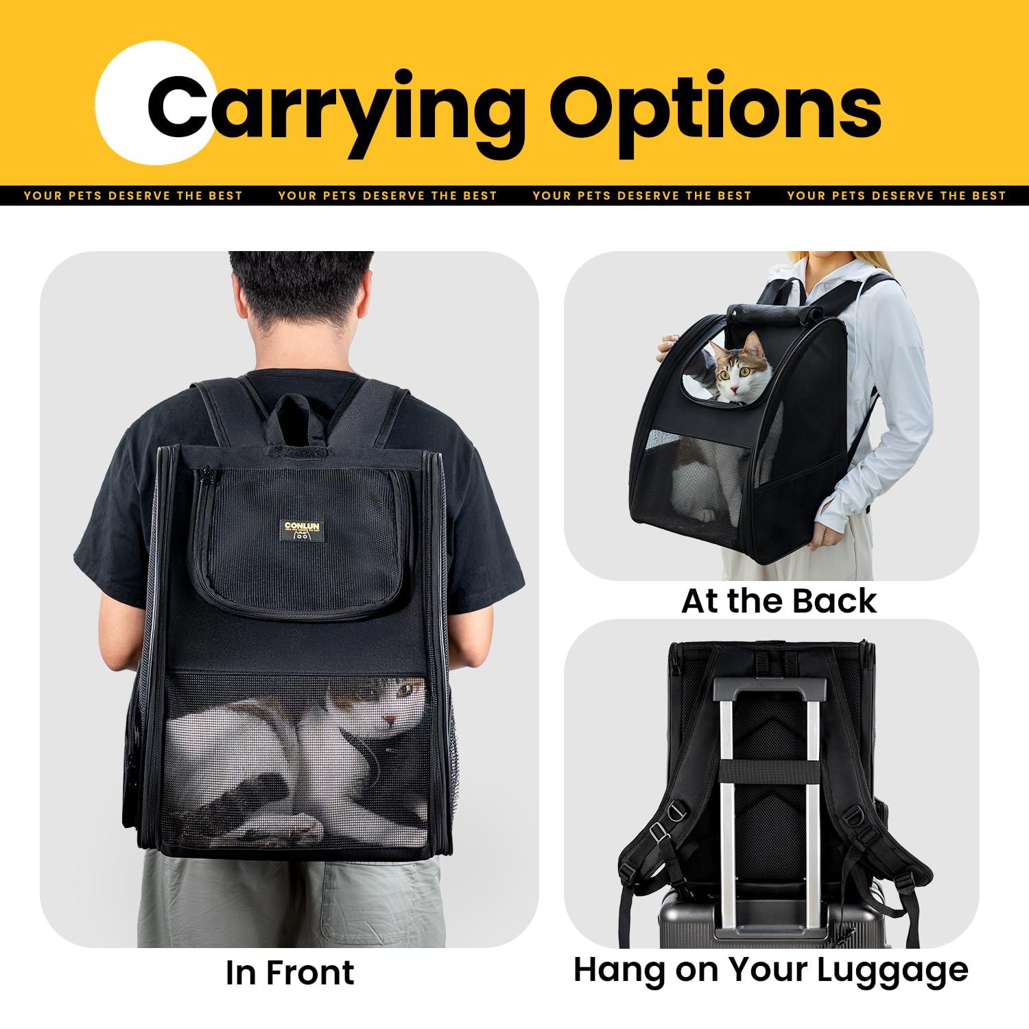 Conlun Sac à Dos Transport Chat et Sac à Dos Chien pour Petits Chiens et Chats jusqu'à 7kg, Sac à Dos pour Chien Pliable avec Fenêtres en Maille sur 3 côtés pour Voyages et randonnées,Noir